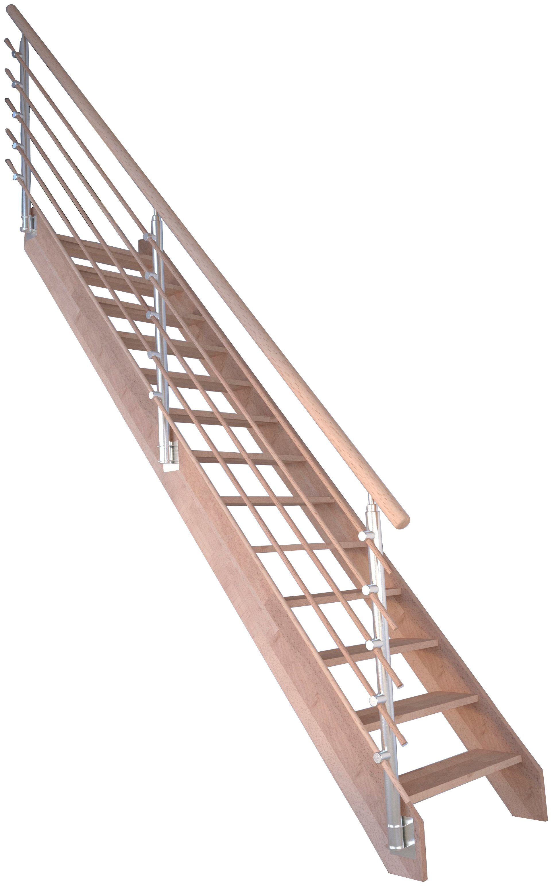 Starwood Raumspartreppe Massivholz Rhodos, Design-Geländer Holzrundstäb, für Geschosshöhen bis 300 cm, Stufen offen, Durchgehende Wangenteile