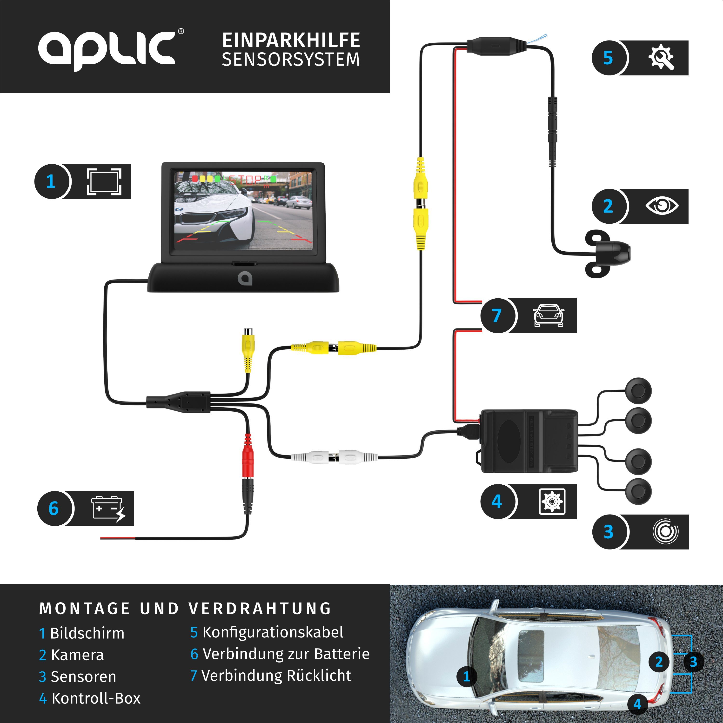 Aplic Rückfahrkamera (Einparkhilfe mit 4x Parksensoren, Kamera & 4,3
