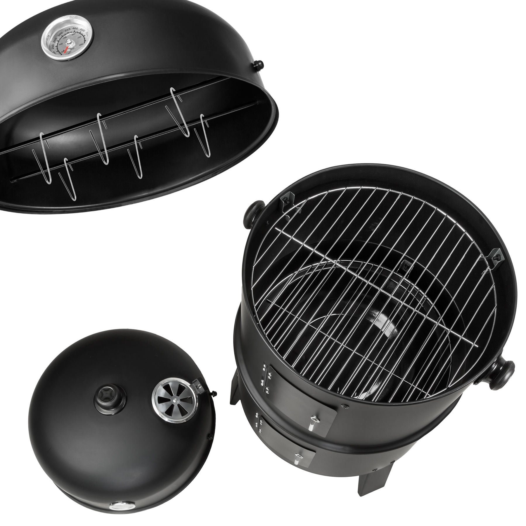 tectake Holzkohlegrill Holzkohlegrill Räuchertonne 3 in 1