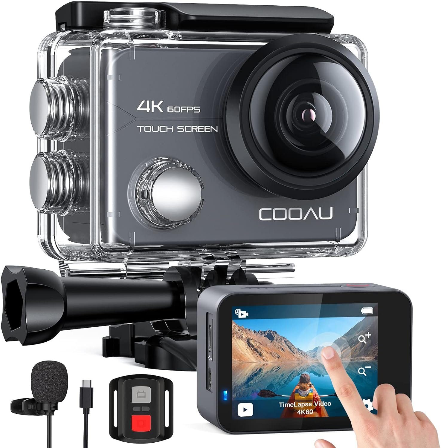 COOAU CU-SPC02 Action Cam 2-Zoll-IPS-empfindlicher Touchscreen 4K 60FPS 20MP Action Cam (Ultra HD 4K, 2.4GHz WLAN( WiFi, 8x opt. Zoom, 8X Zoom,40M Unterwasserkamera,6-Achsen-Anti-Shake-EIS, 2x1350mAh Akkus, externes Mikrofon, 16 Zubehör Kit)