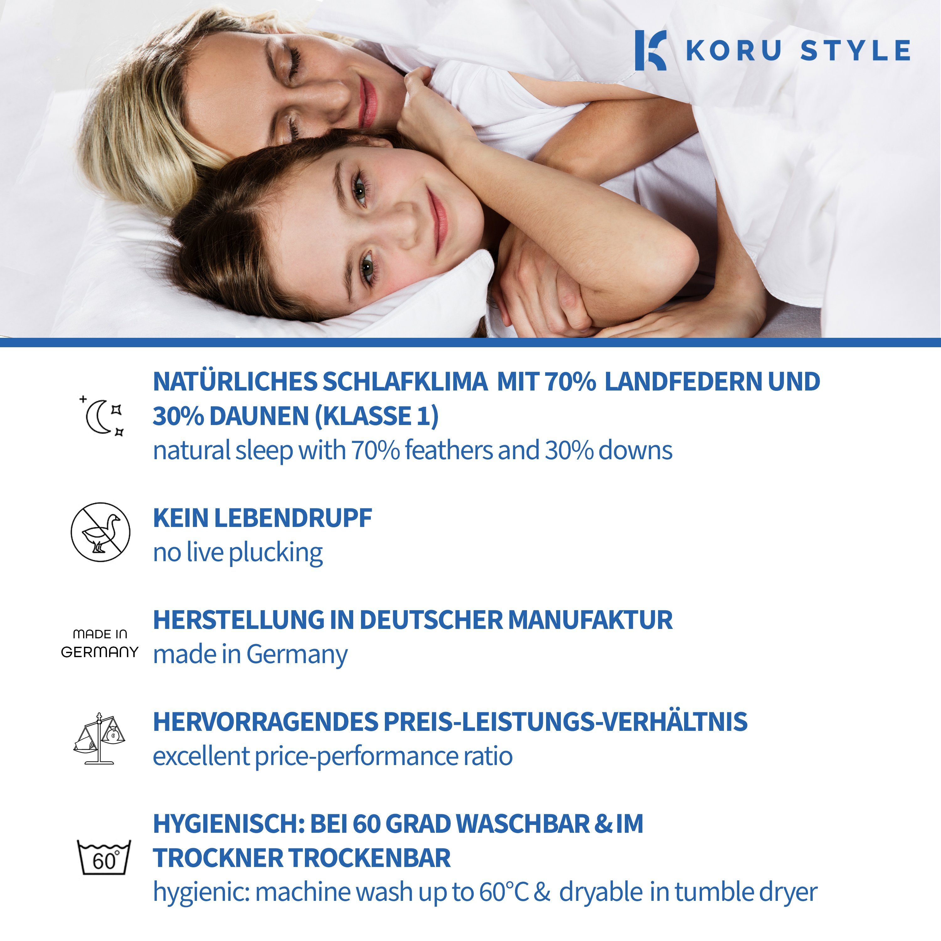Federkissen Kopfkissen Superior mit weichem Stützkomfort, Koru Style, Füllung: Neue Landfedern und Landdaunen 70%/30%, hochwertig verarbeitet, allergikergeeignet, hergestellt in Deutschland
