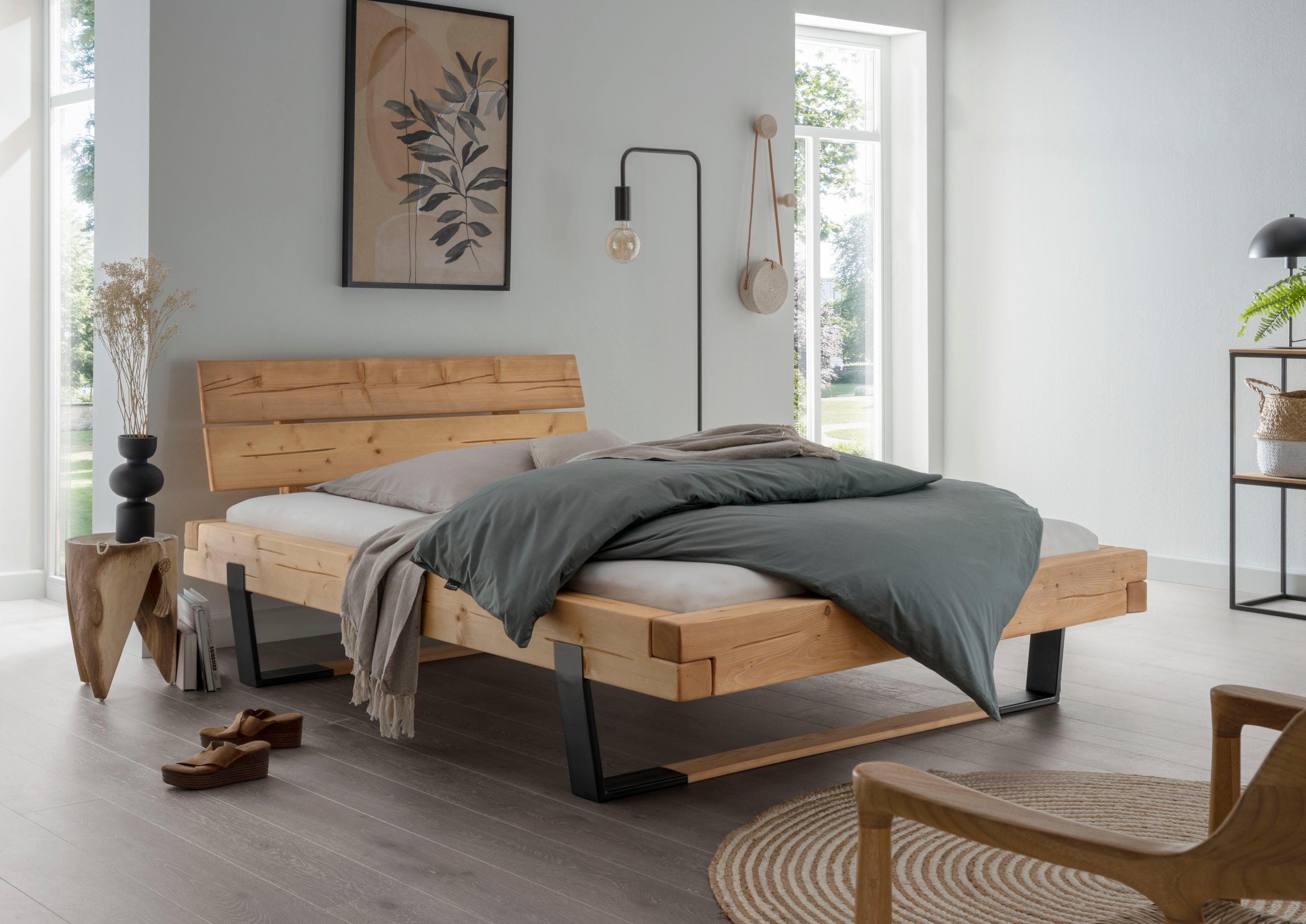 Home affaire Massivholzbett Ultima, aus Holz in Balken-Optik mit Holz/Metall Kufe