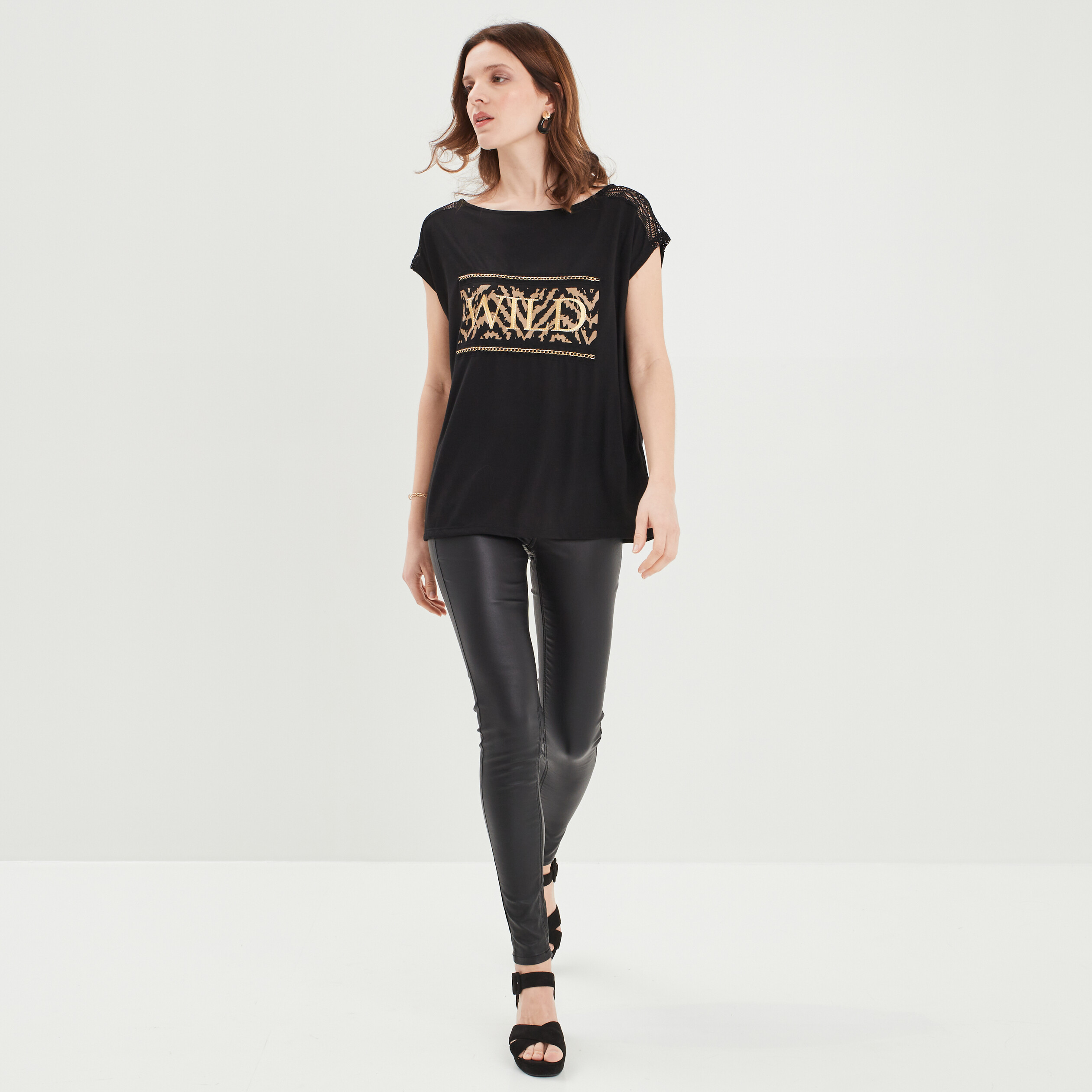 T-shirt manches courtes détails dentelle noir femme | La Halle