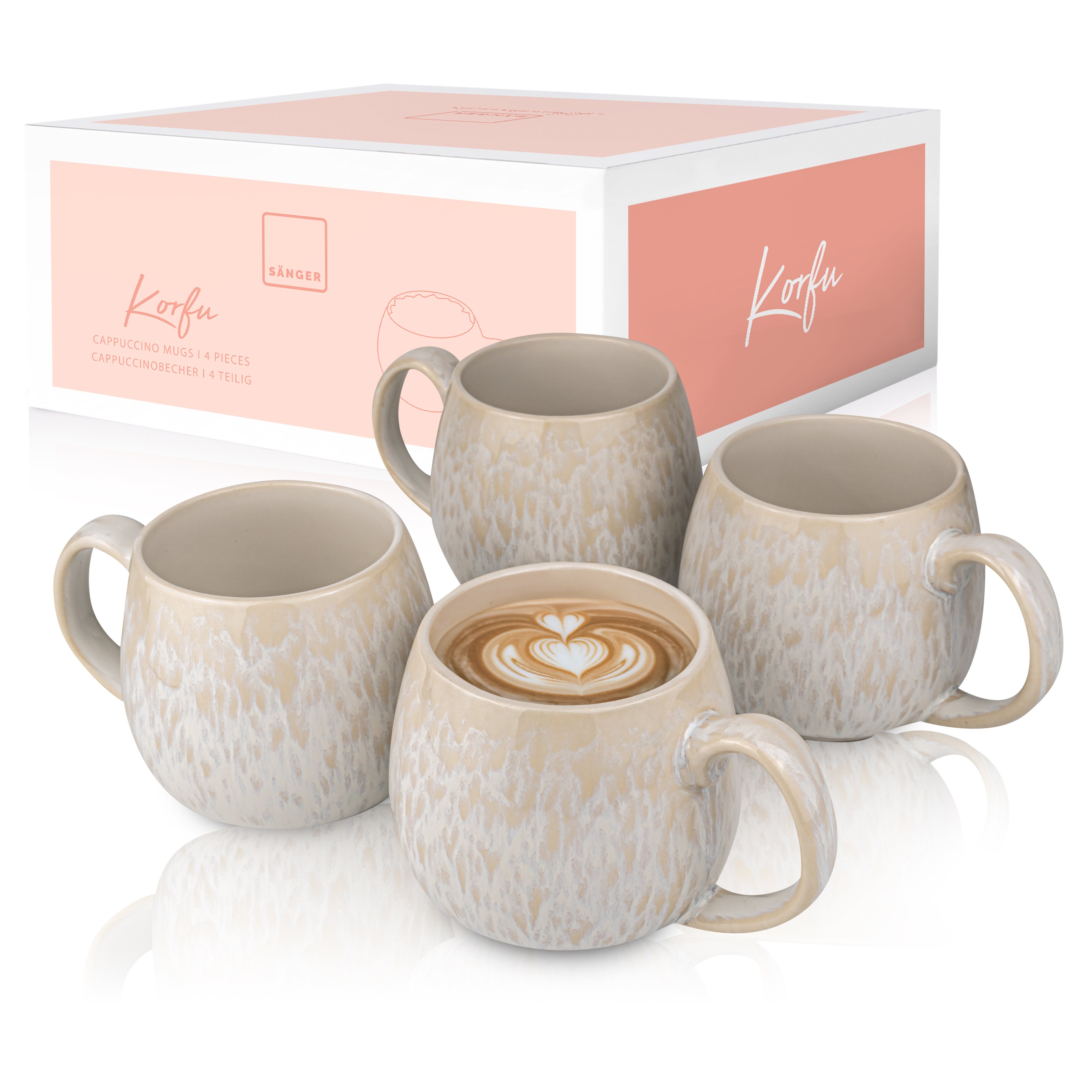 SÄNGER Becher Korfu Kaffeebecher Set (4-teilig), Steingut, Creme Farben mit Sandiger Maserung, 460 ml, Handmade