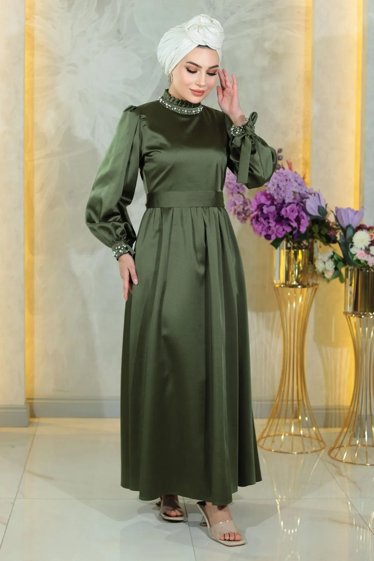 Modamihram  Abendkleid aus Perlensatin in Khaki 19121
