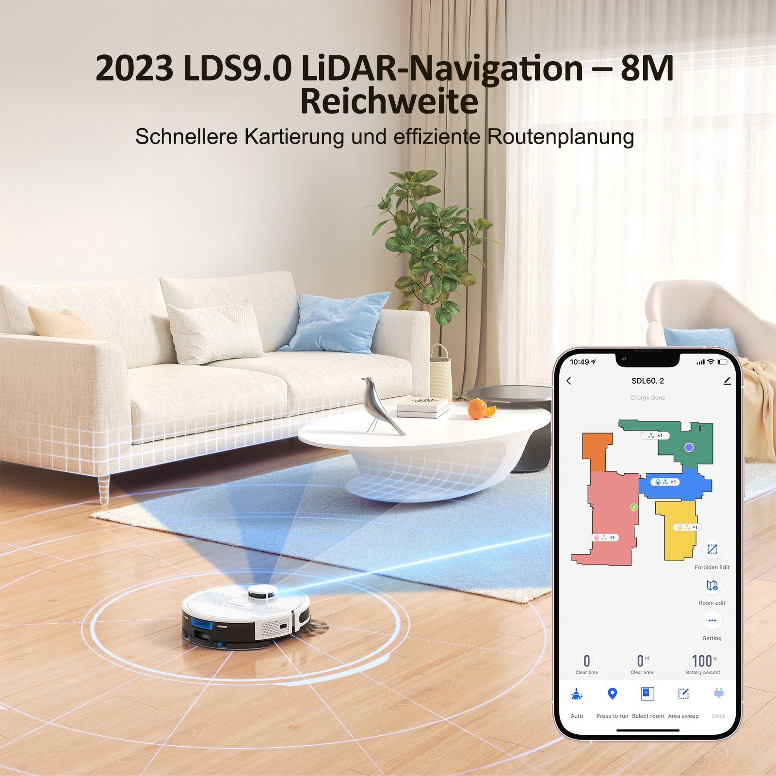 oyajia Nass-Trocken-Saugroboter LiDAR Lasernavigation Saug- und Wischroboter Saugroboter, 42,00 W, Beutellos, mit Wischfunktion,10 No-Go-Zonen,3000Pa, Selbstaufladender