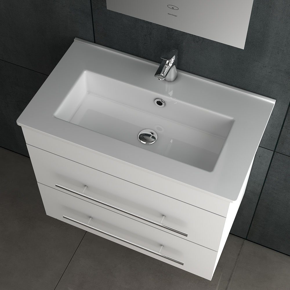 Alpenberger Waschbecken & Badunterschrank Weiß - Badmöbel Gäste WC mit Handwaschbecken (Vormontiertes Komplett-Set - Waschplätze, 2-St., 60cm Breit Waschtisch mit Keramikbecken), hygienisch durch Lotuseffekt, Soft-Close Schubladen