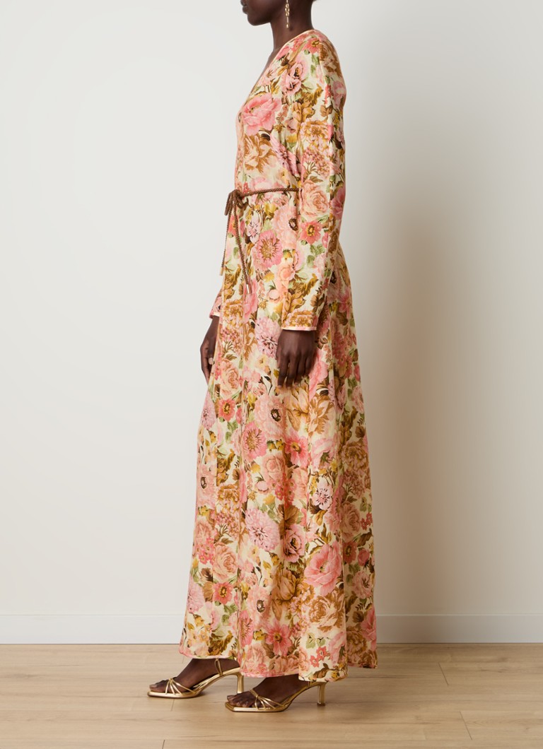 Rochie lungă din in Zimmermann cu imprimeu floral și decolteu auriu intens