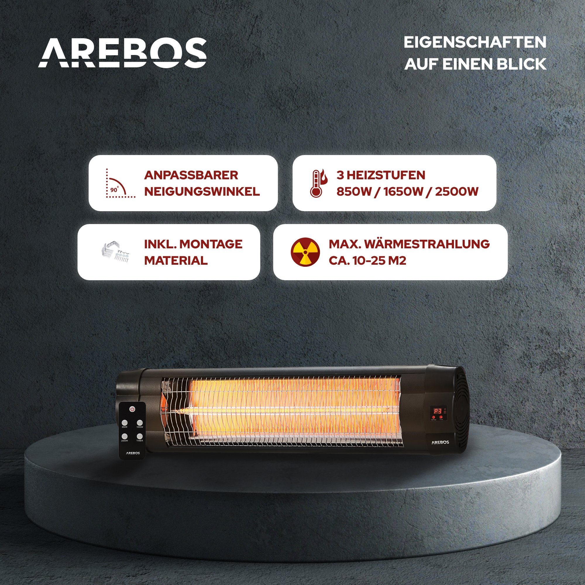 Arebos Heizstrahler 2.500 W Infrarot mit Fernbedienung, 3 Heizstufen, An der Wand befestigbar: Ja An der Decke anbringbar: Ja