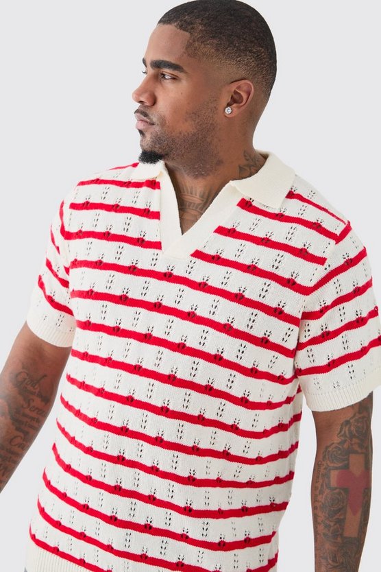 Plus kurzärmliges gehäkeltes Poloshirt mit Streifen