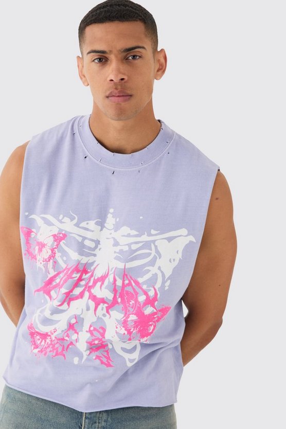 Zerrissenes Oversize Tanktop mit Gothic Graffiti-Print