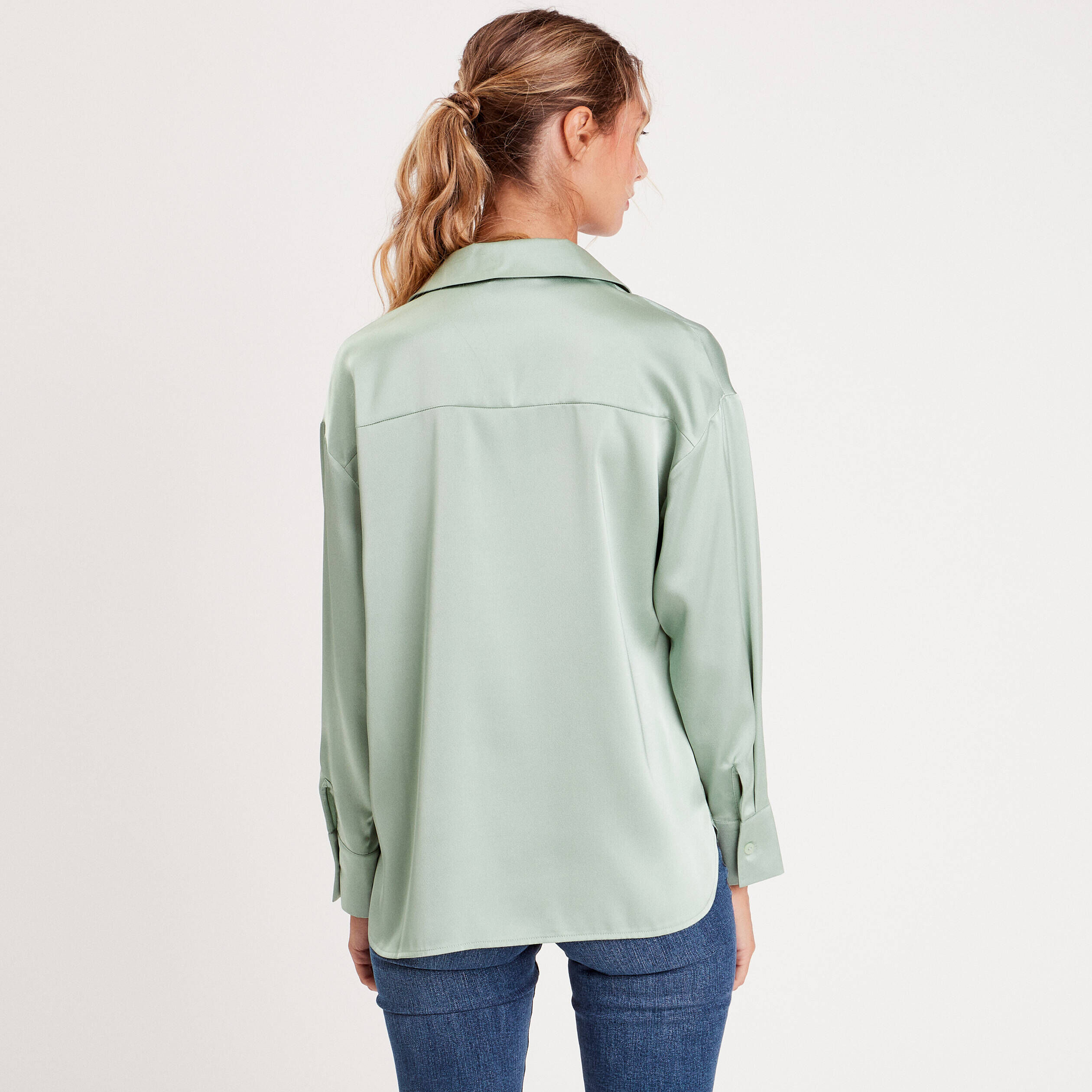 Chemise manches longues satin vert pastel femme | Cache Cache