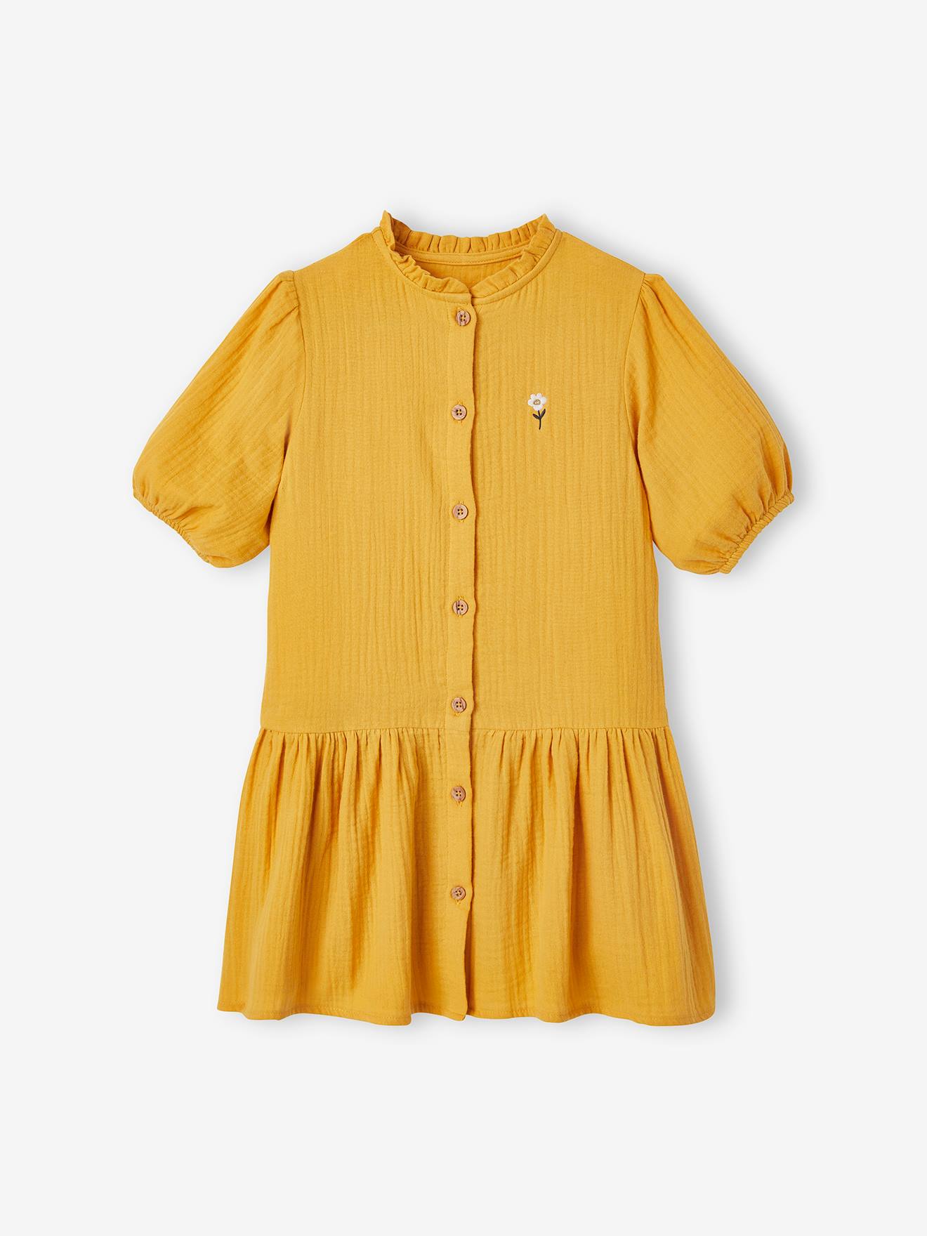 Robe boutonnée en gaze de coton fille manches 3/4 blush