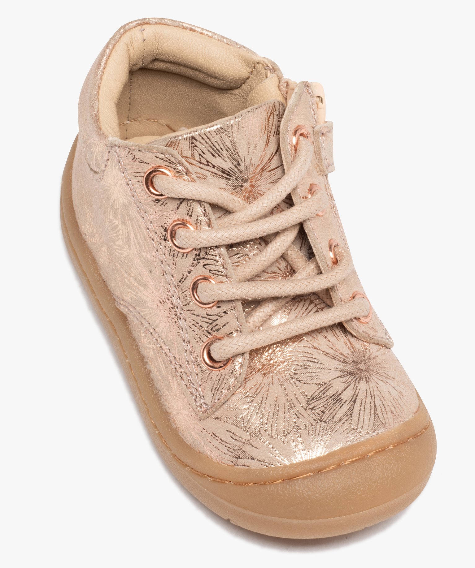 Chaussures premiers pas bébé fille dessus cuir métallisé... rose | GEMO