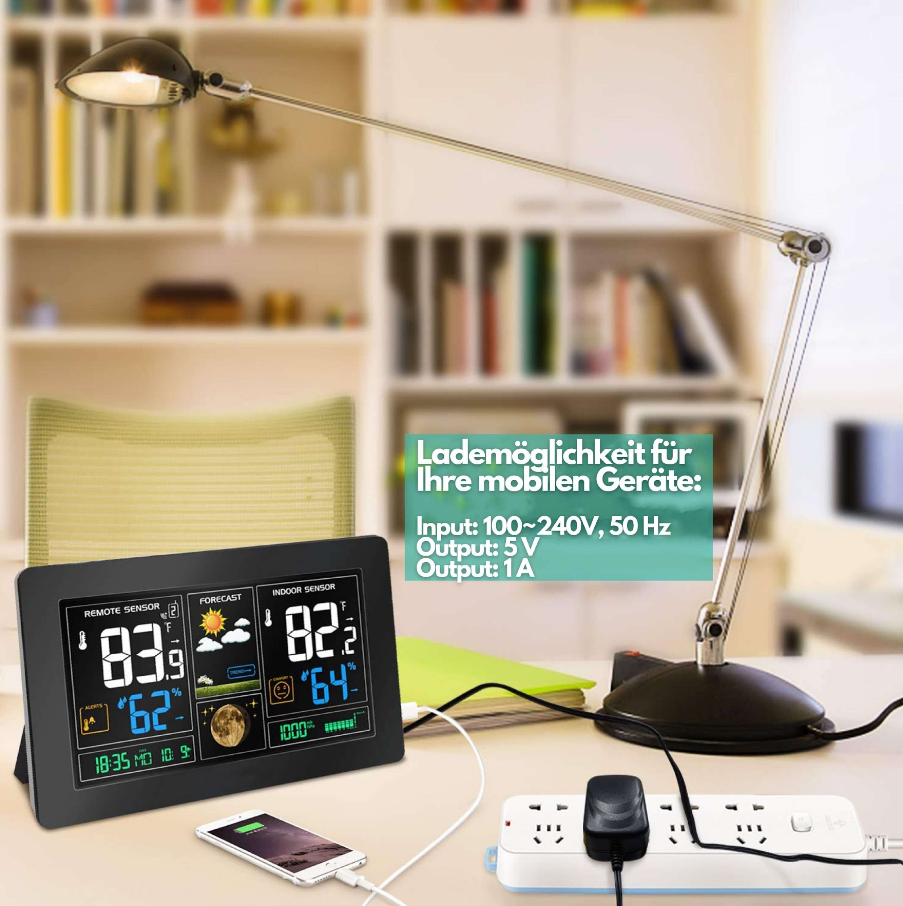 echos Eco-450 Funkwetterstation (mit Funk-Außensensor, Wettervorhersage mit Kalender, Mondphasenanzeige, Farbdisplay mit Dimmfunktion, Alarmfunktion, Funk-Außensensor mit LCD-Display)