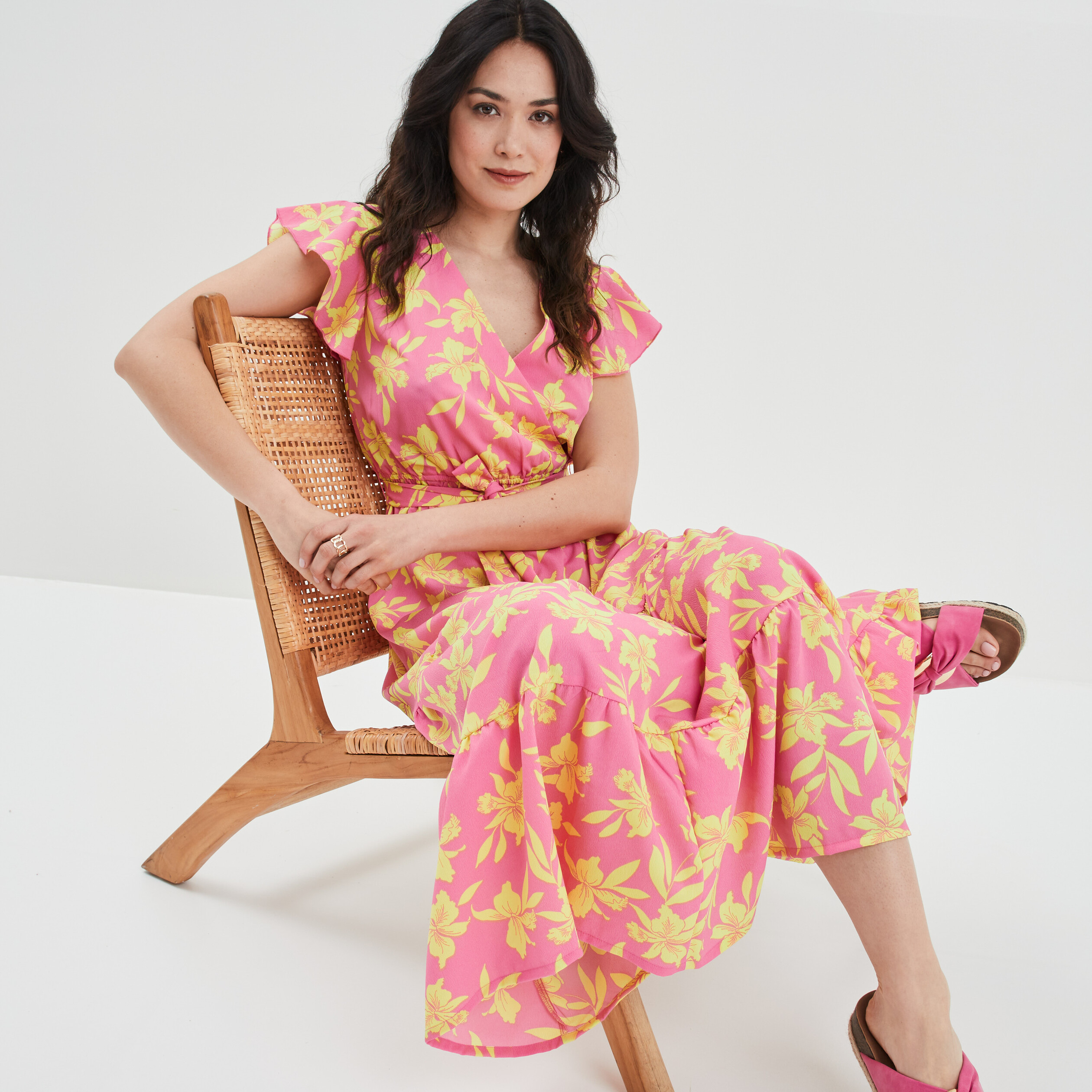 Robe longue évasée volantée Mosquitos rose femme | La Halle