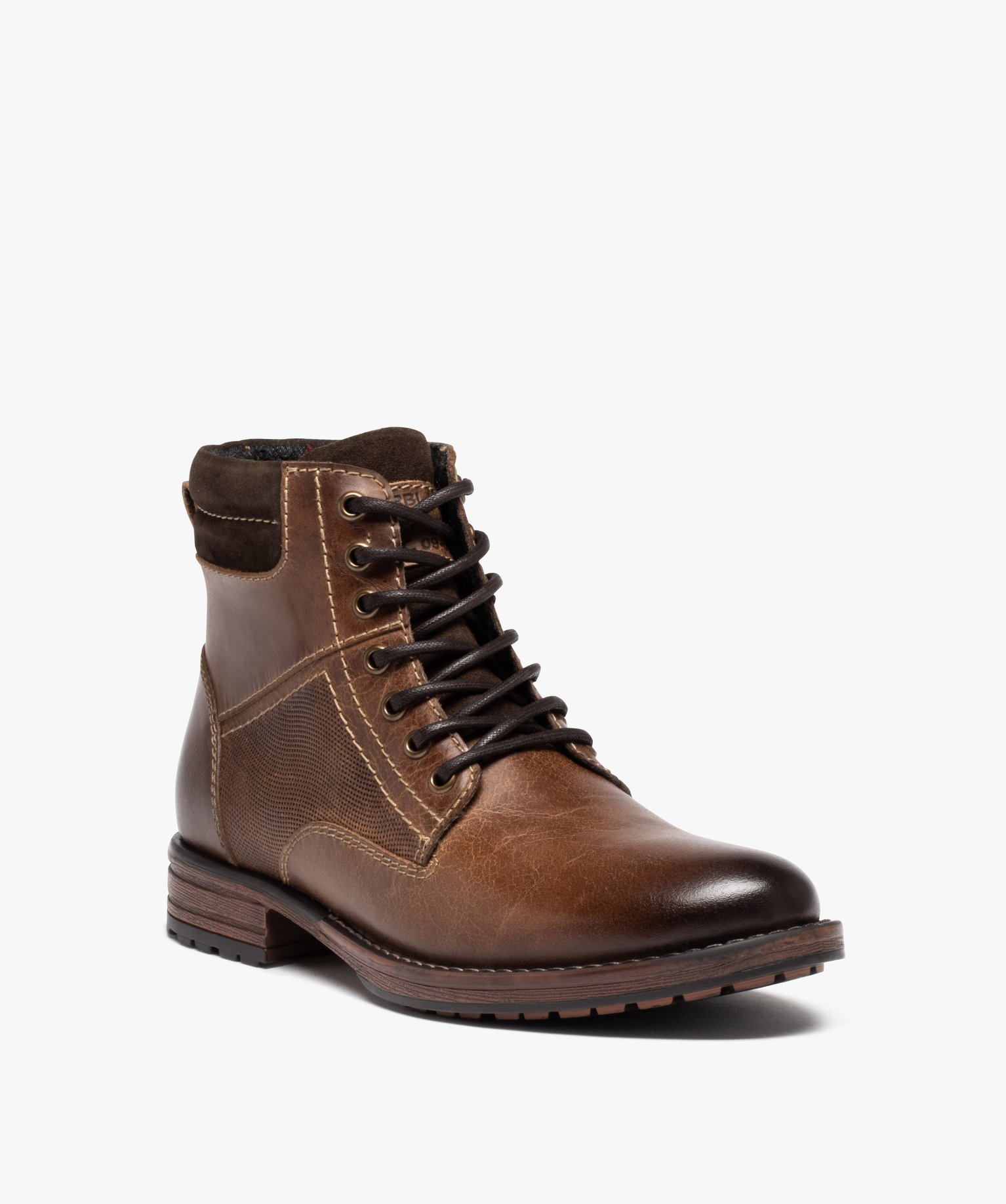 Boots homme en cuir grainé uni avec intérieur doublé marron | GEMO