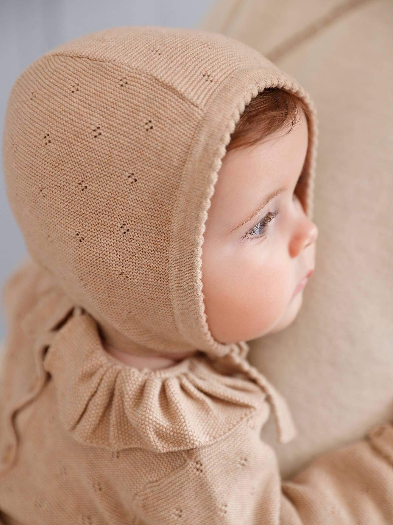 Vertbaudet Baby-Set: Strick-Kurzoverall mit langen Ärmeln & Mütze Oeko-Tex - beige meliert