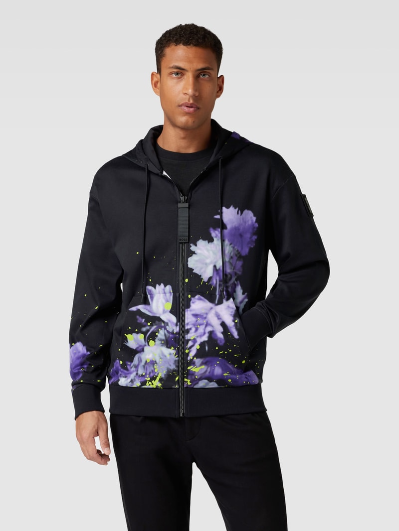 Sweatjacke aus reiner Baumwolle mit Kapuze Modell 'Lotus' in schwarz