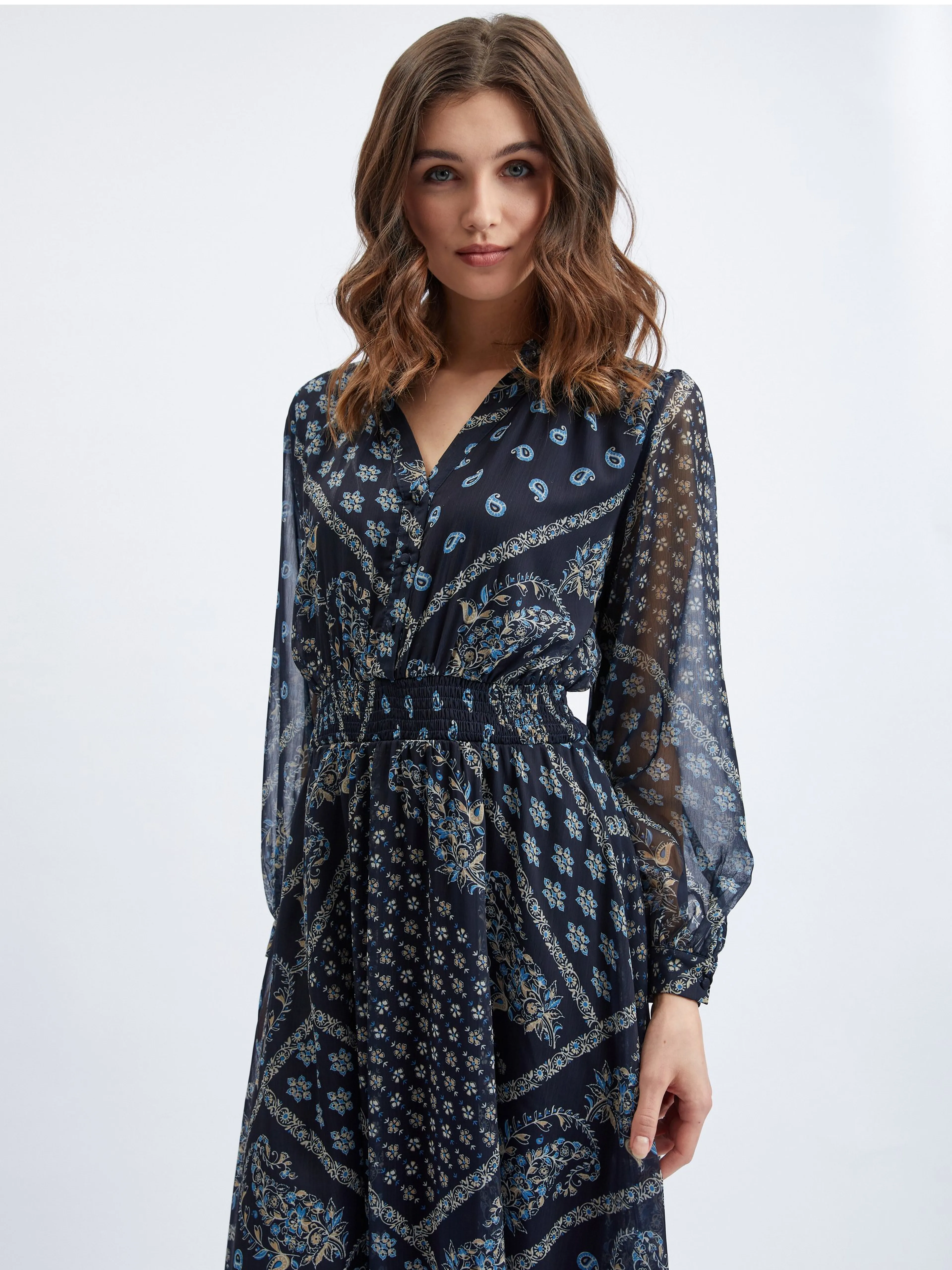 Dunkelblaues gemustertes Damen-Midikleid ORSAY