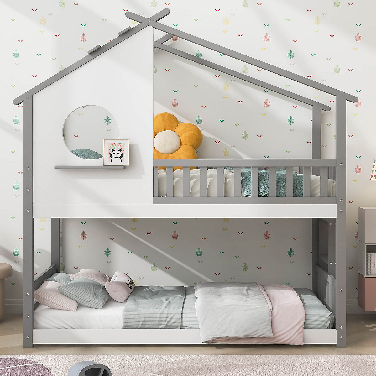 Etagenbett mit rechtwinkliger Leiter, mit Fallschutz und Barriere, Kiefernholz