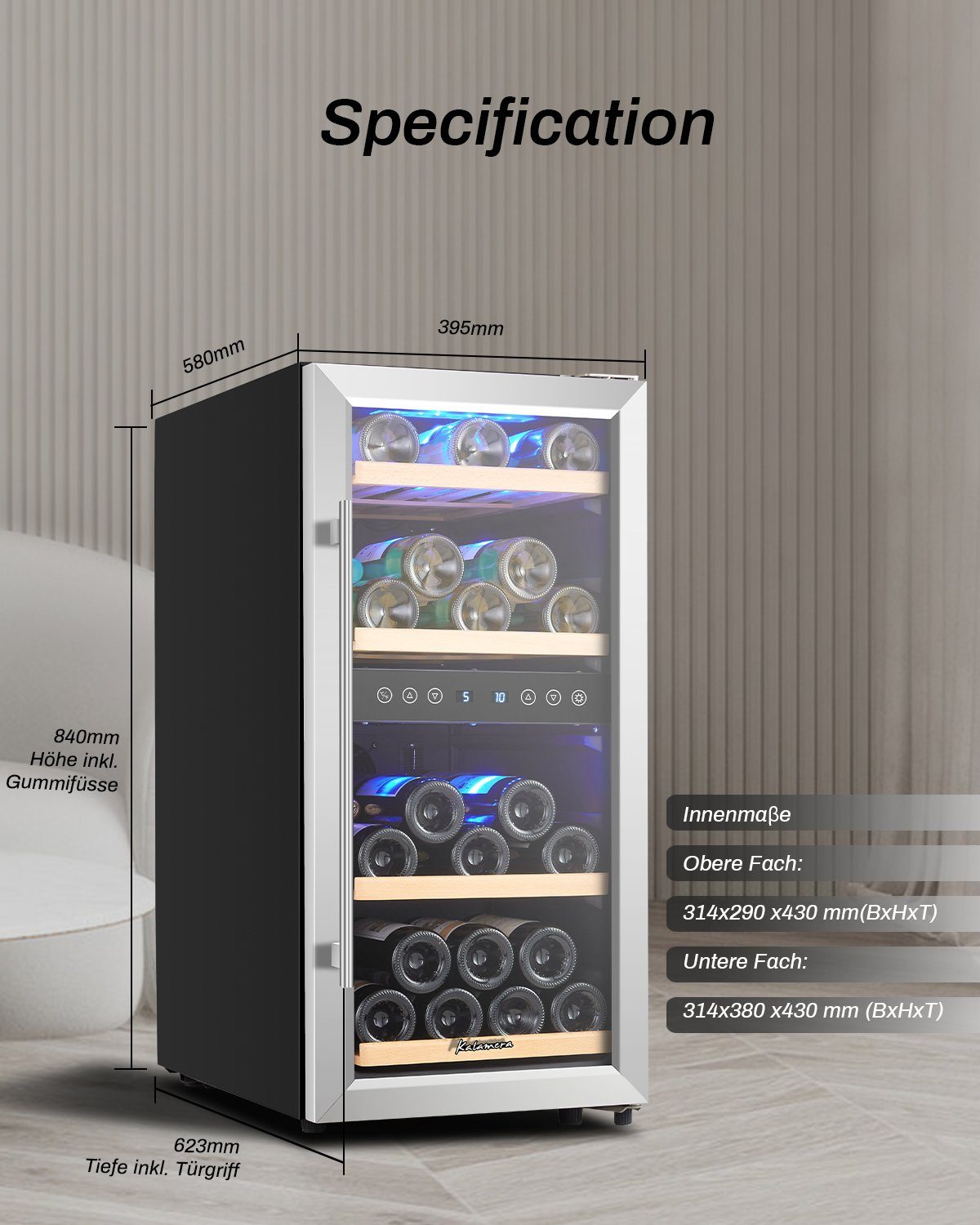 kalamera Weinkühlschrank KRC-33BSS, für 33 Standardflaschen á 0,75l,2 Zonen