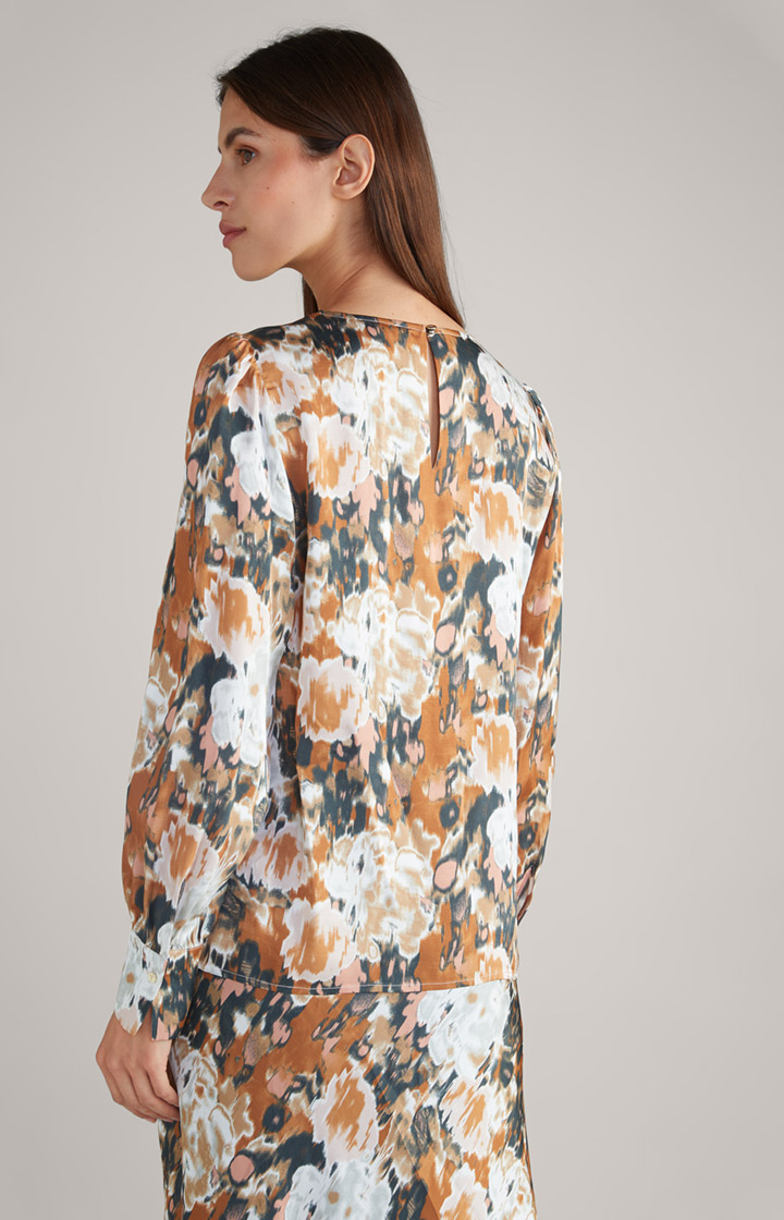Satin-Langarm-Bluse in Braun/Schwarz/Ecru gemustert