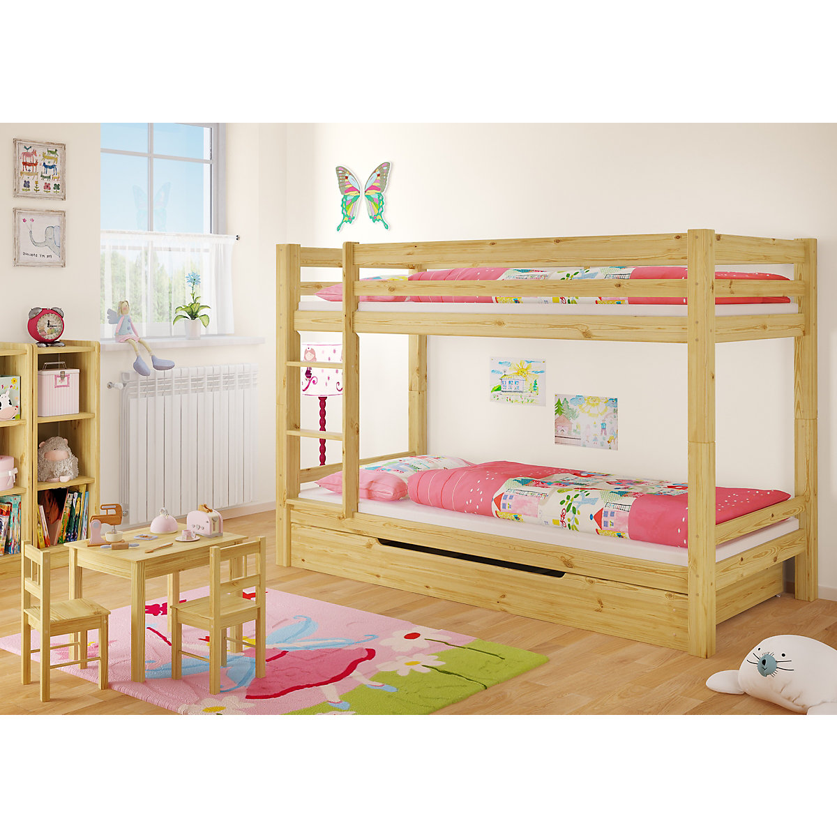 Etagenbett 90x200 Kiefer massiv + Rollrost + Gästebettkasten