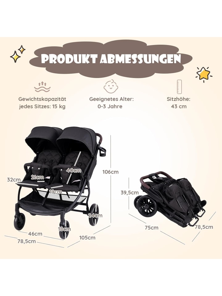 COSTWAY Geschwisterwagen Zwillingswagen klappbar bis 3 Jahre in Anthrazit günstig kaufen onesize