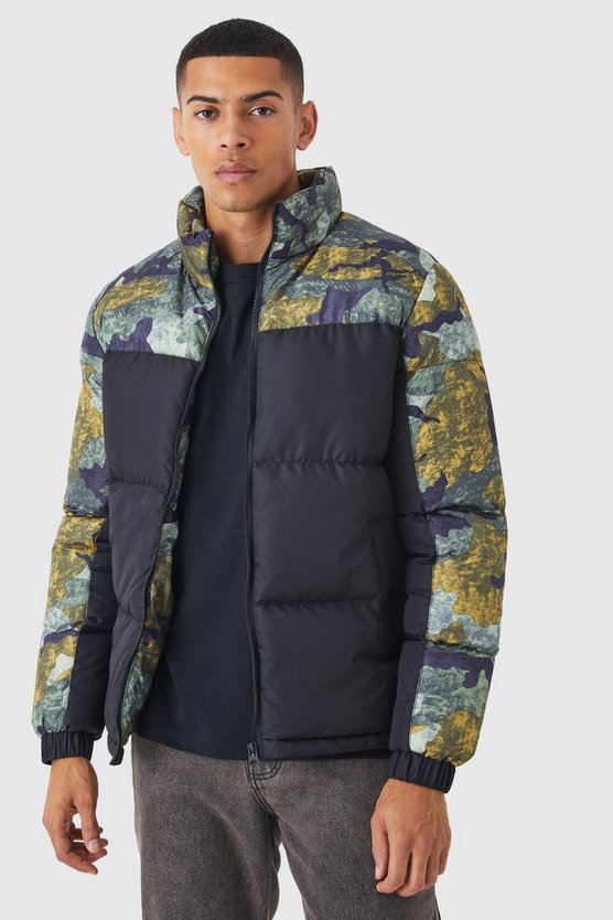 Camouflage Colorblock Steppjacke mit Trichterkragen