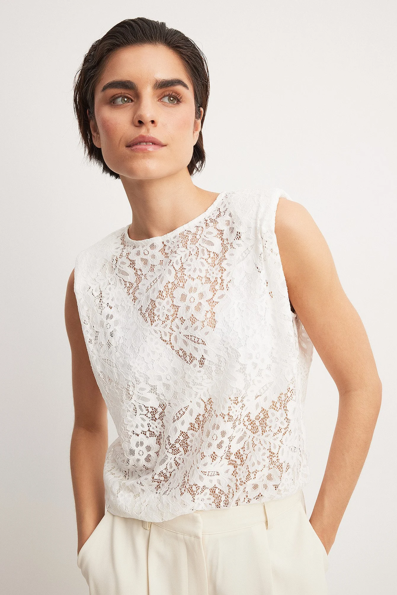Sharp Shoulder Lace Top