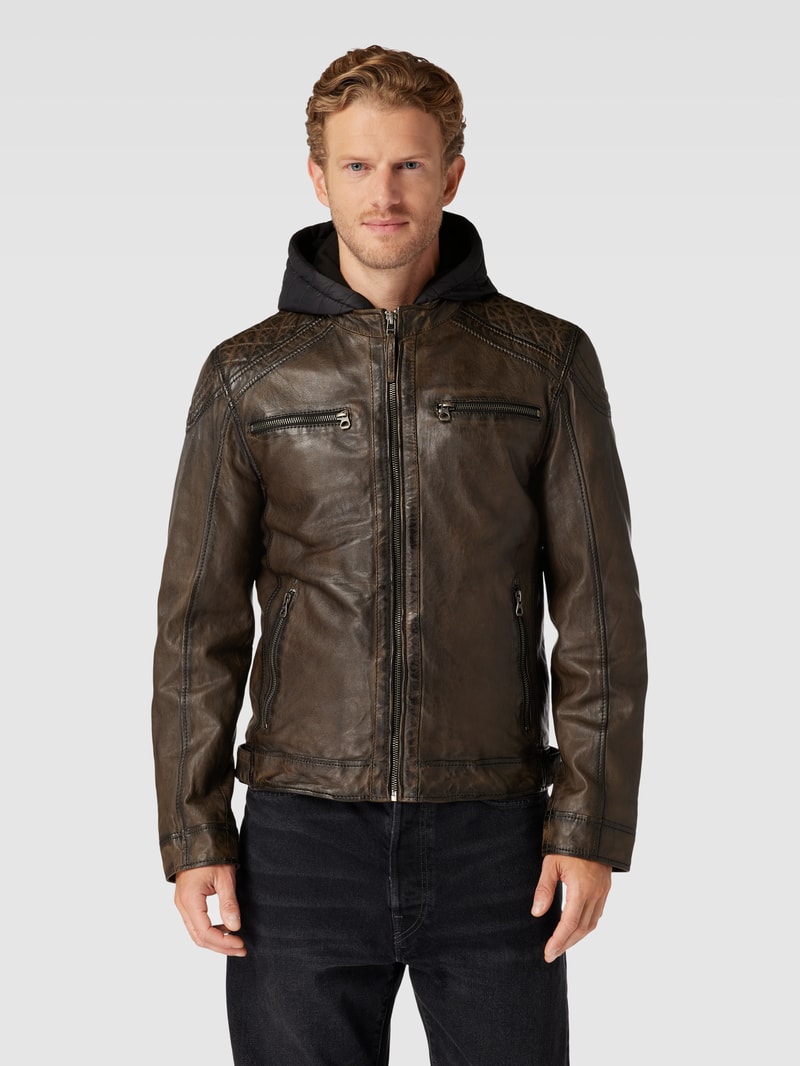 Lederjacke mit Kapuze in khaki