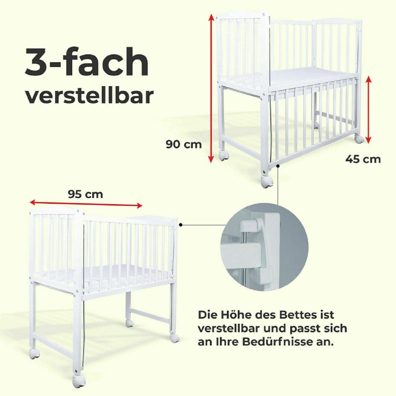 Babyhafen Beistellbett 3in1 Stubenbett, Babybettchen– Teddybär & Herzen Grau Blau Rosa, Komplettbett