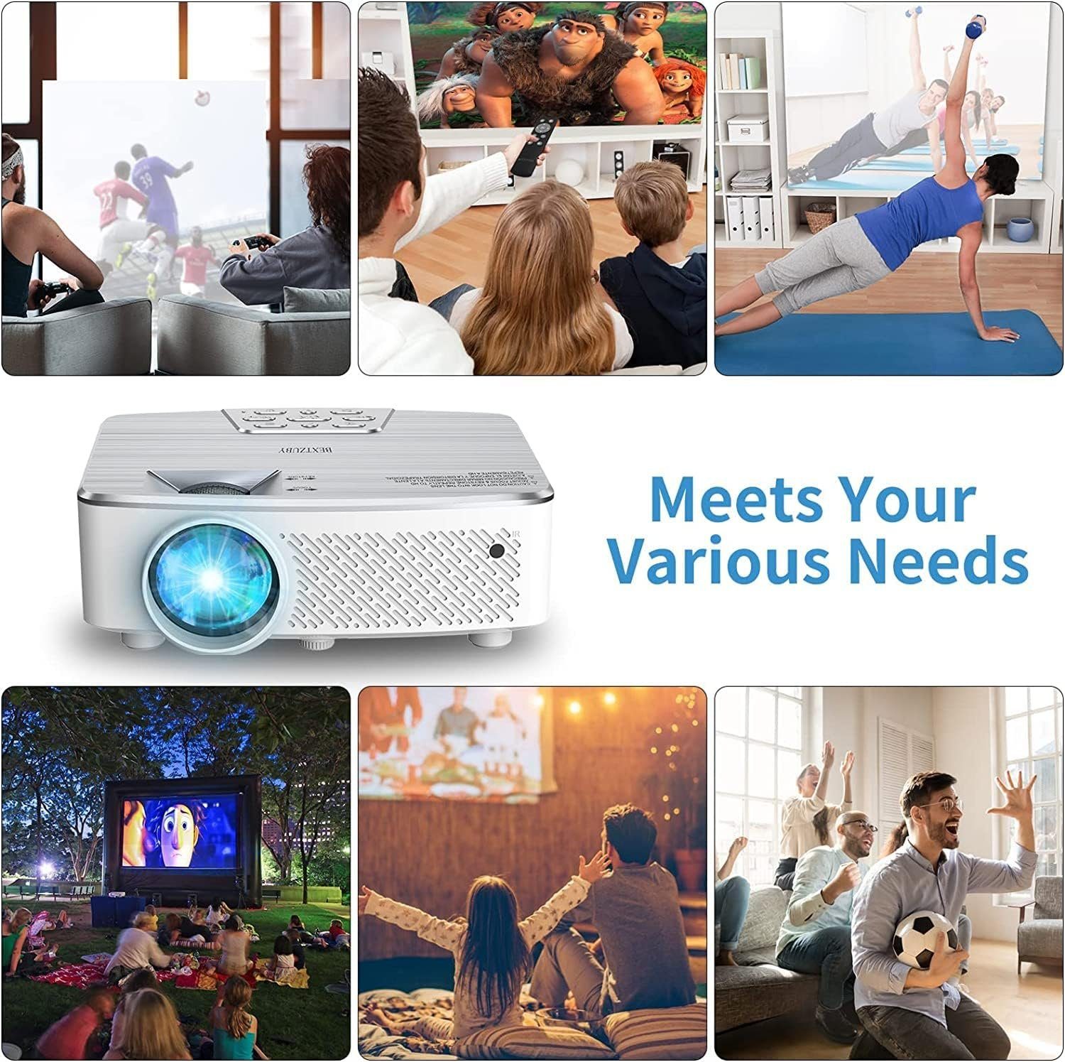 BEXTZUBY Portabler Projektor (120000:1, 1920 x 1080 px, Full HD Beamer 9500 Lumen, Bluetooth, 4K Unterstützung Mini Beamer 200)