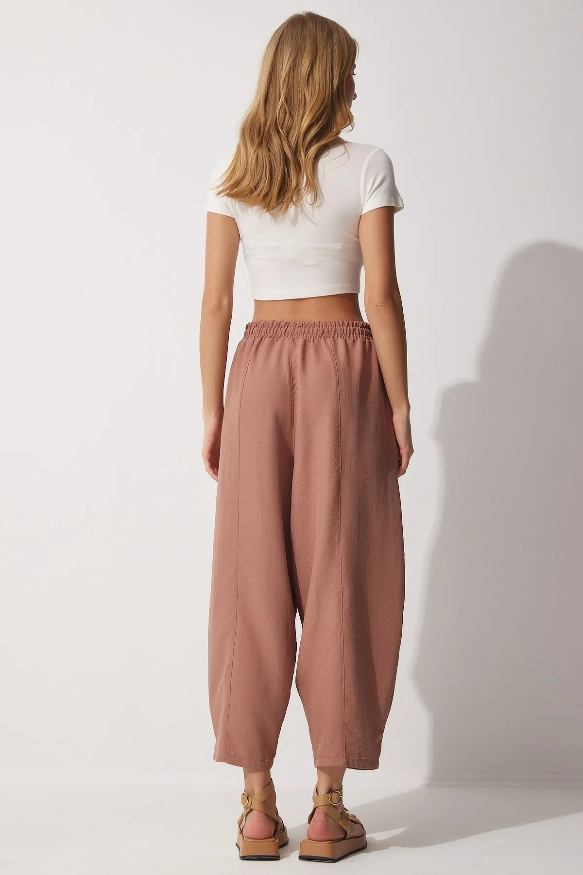 Happiness İstanbul  Damen-Shalwar-Hose aus Leinen-Viskose mit Taschen, Kakaofarben, CV00001