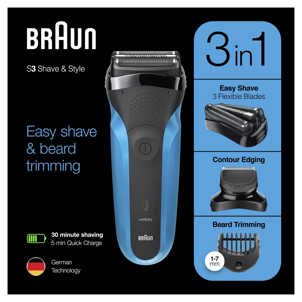 braun Braun S3 Shave&Style Rasoir Électrique Barbe Homme 3-En-1, Technologie Wet & Dry Rasoir Electrique
