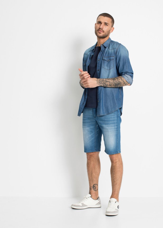 Stretch-Jeans-Bermuda mit verstärktem Schritt, Regular Fit