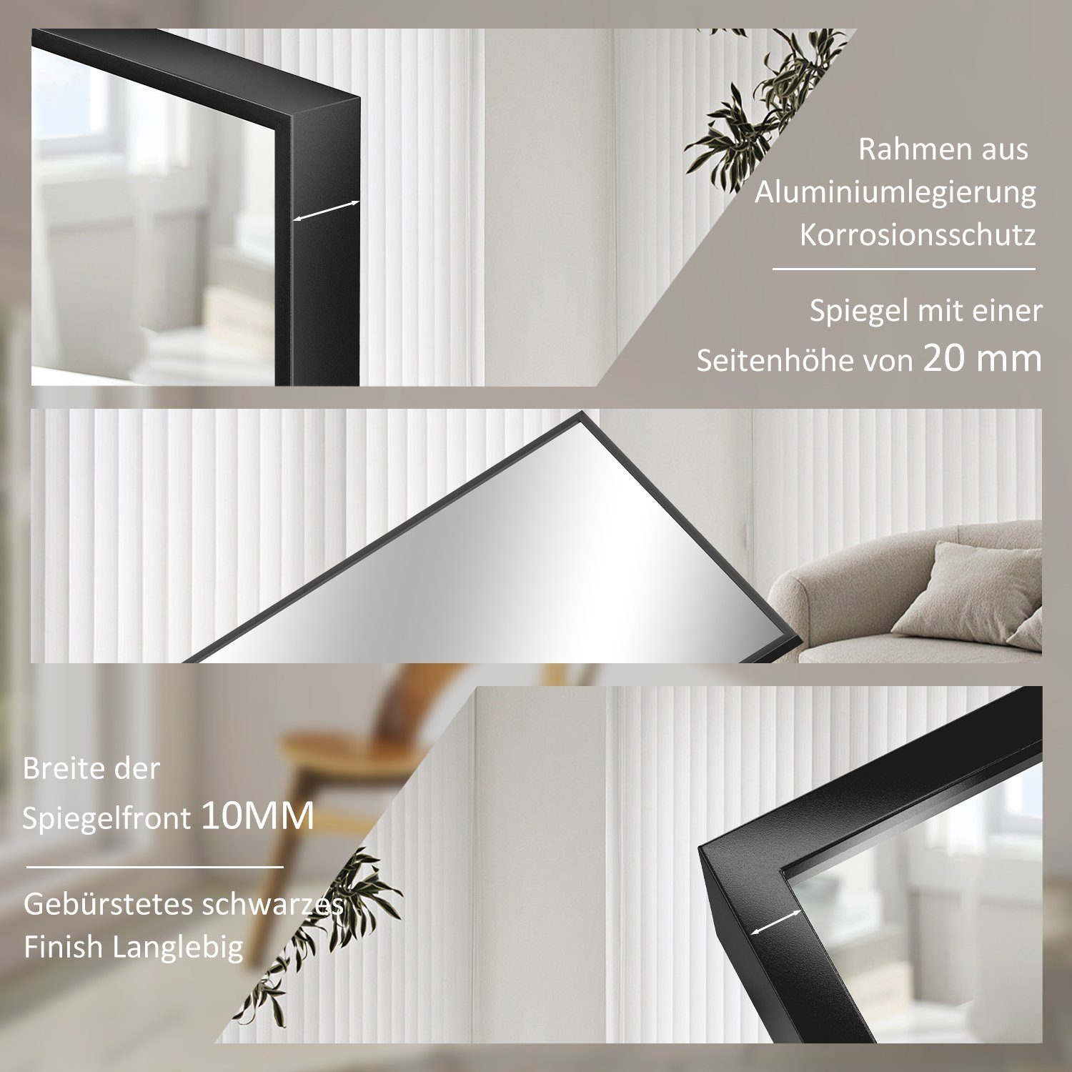 Boromal Spiegel Flur Ganzkörper 150x50 160x40 140x40 Flurspiegel schwarz (Wandspiegel Groß HD Bodenspiegel, mit Alu Metall Rahmen), explosionsgeschützt, 4 Installationsmethoden