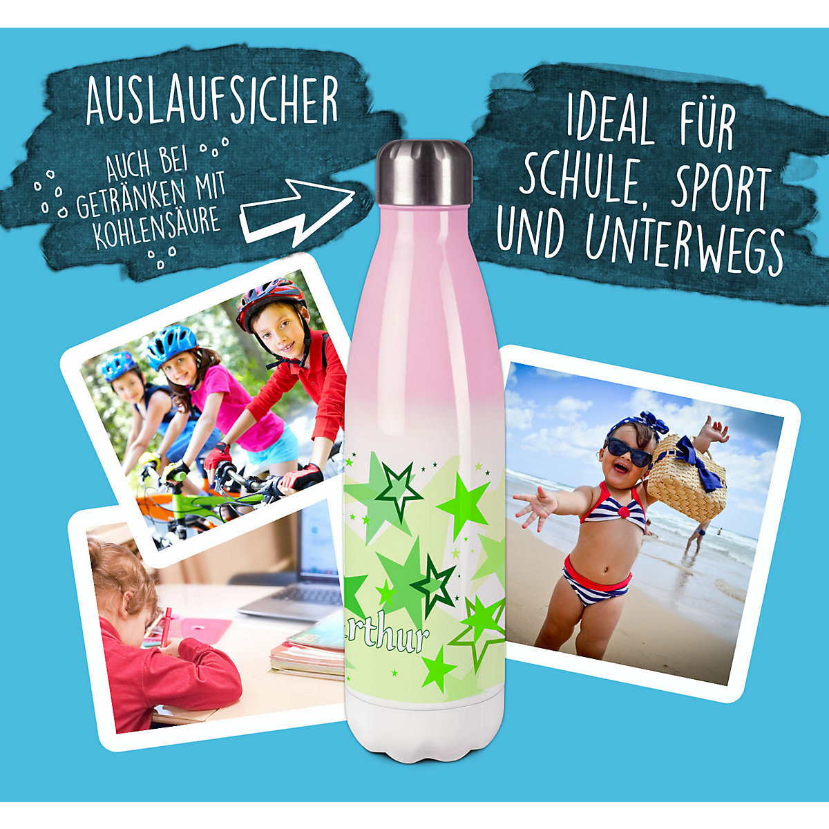 Edelstahl Kinder Thermoflasche / Trinkflasche bunt Sternenhimmel Farbe grün Spülmaschinenfest, Auslaufsicher, Bruchfest, Doppelwandig, Für Heißgetränke geeignet, Mit Deckel, Isoliert