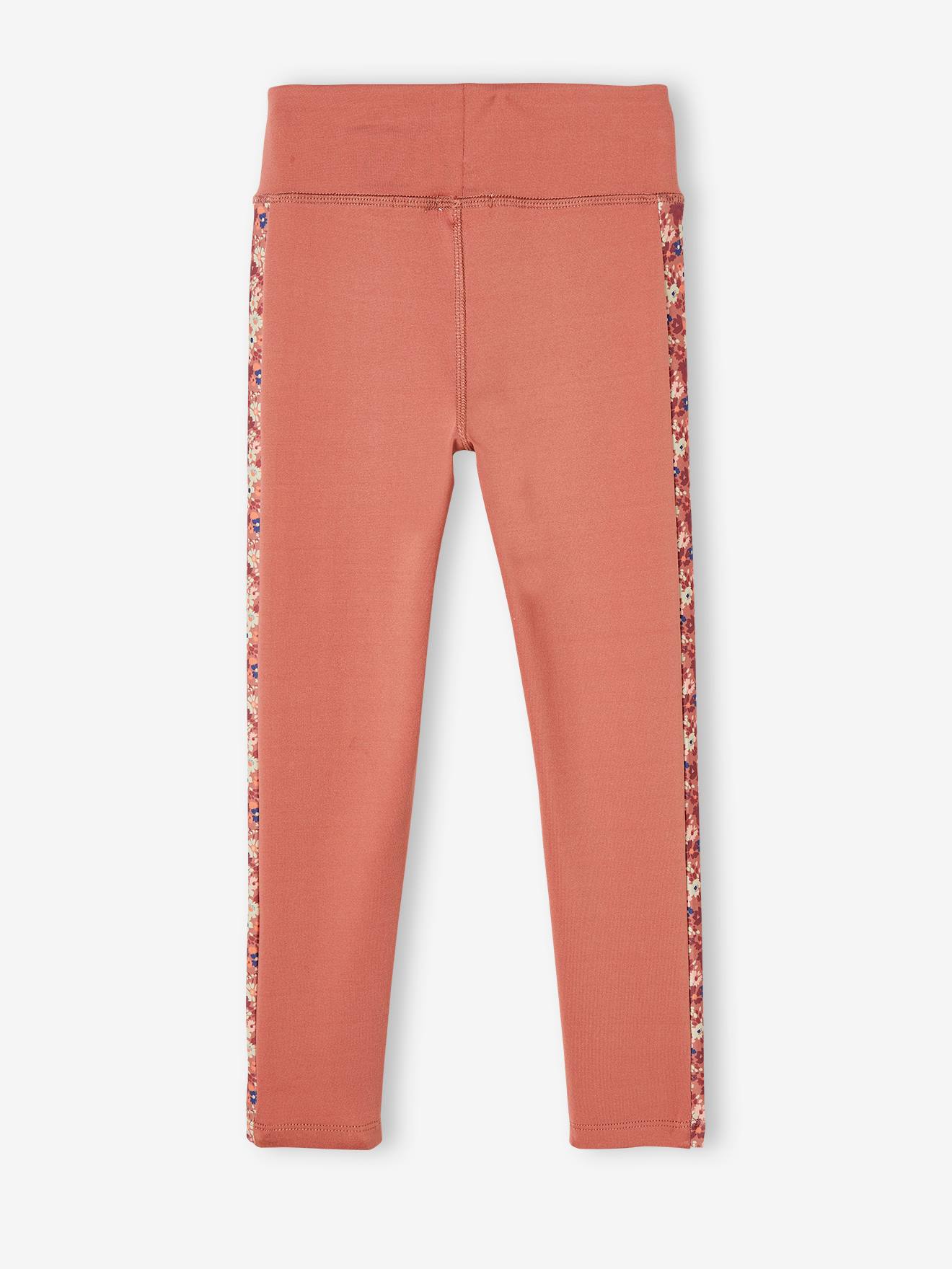 Legging sport matière technique fille bande côtés motifs fleurs terracotta