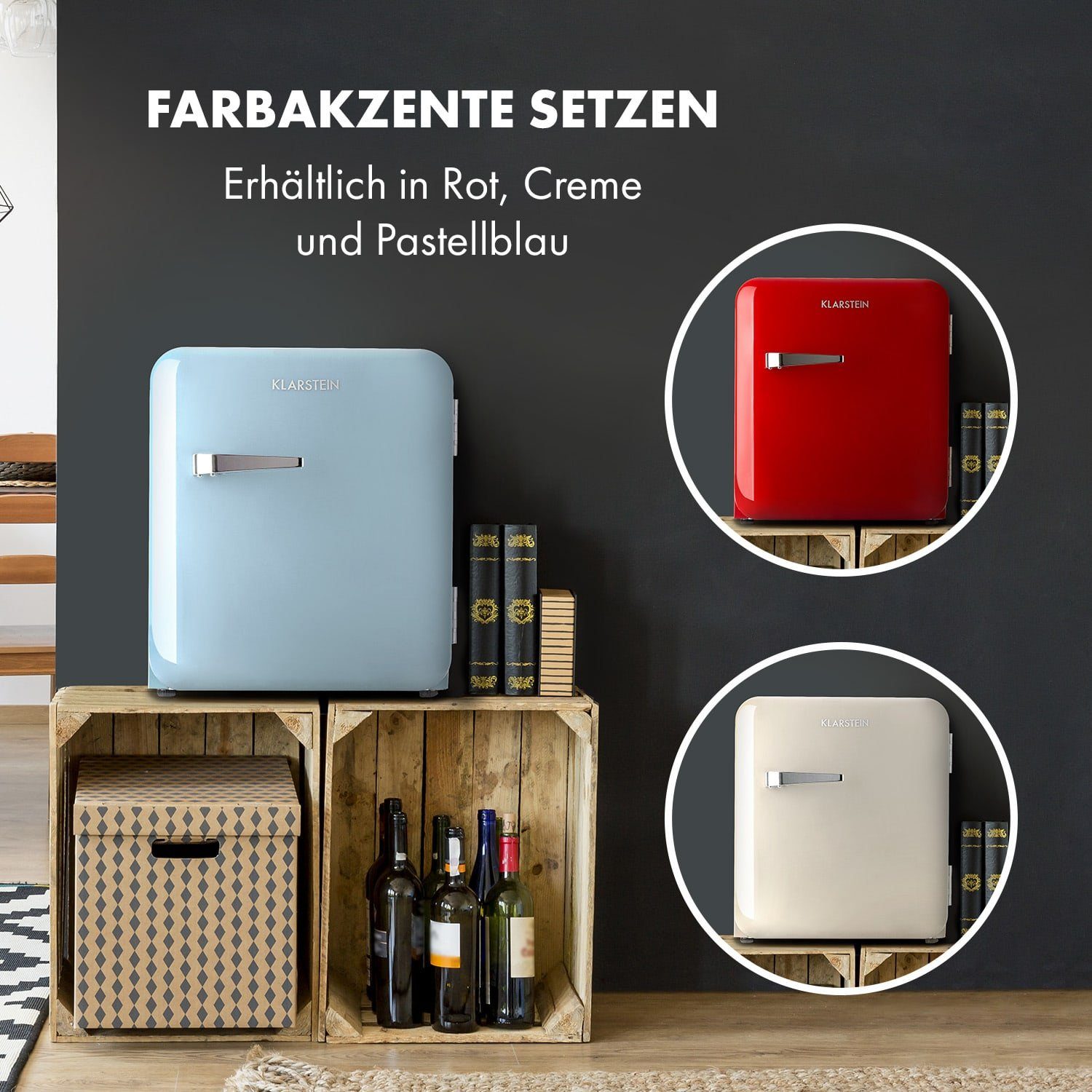 Klarstein Table Top Kühlschrank HEA13-Audrey-blue 10035309A, 50 cm hoch, 44 cm breit, Hausbar Minikühlschrank mit Gefrierfach Getränkekühlschrank klein