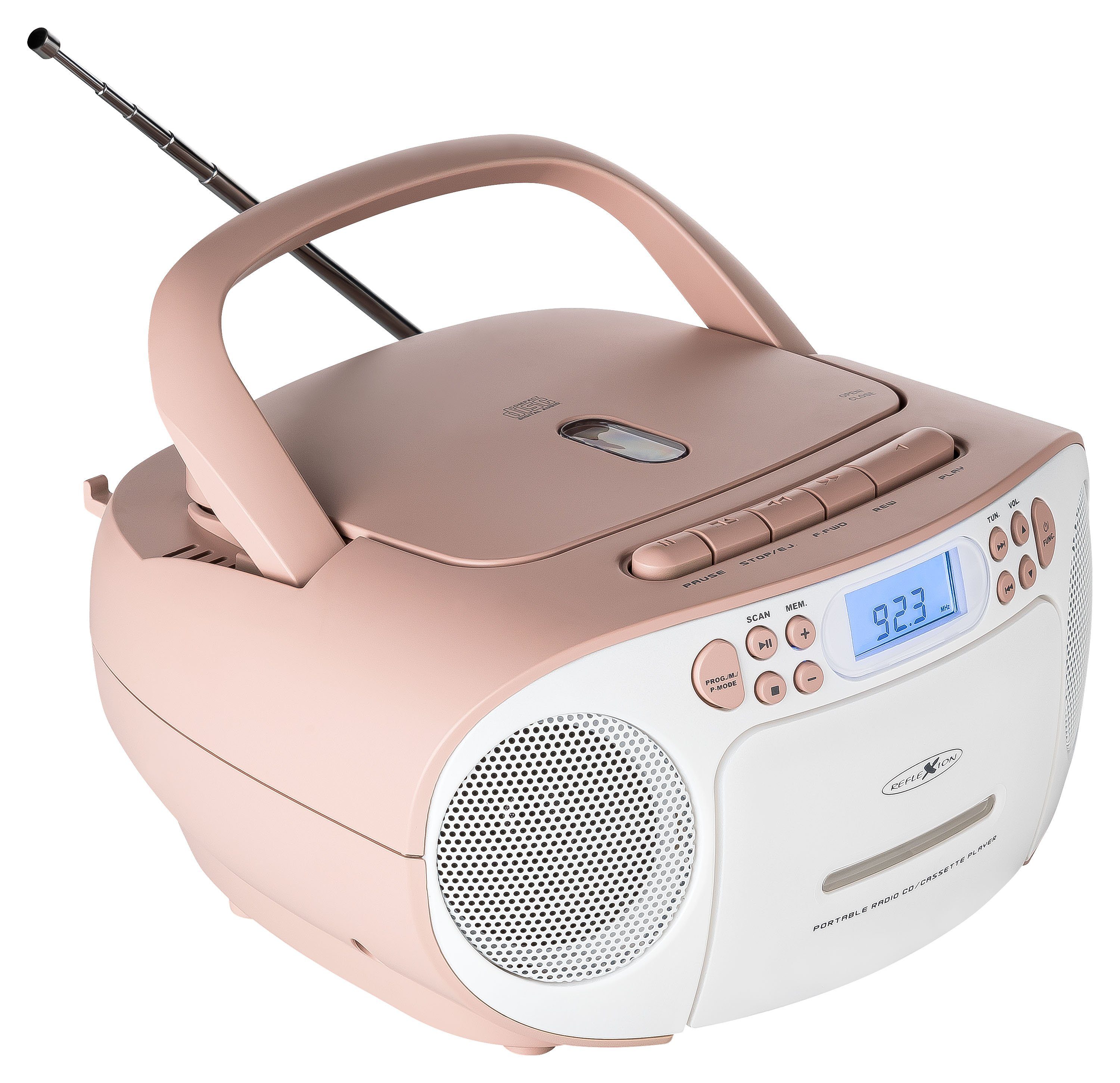Reflexion RCR2260 Boombox (UKW PLL Stereo Radio, 20 W, Tragbare Boombox CD/Radio/Kassette, LCD-Display, AUX-Eingang, Kopfhörer-Anschluss)