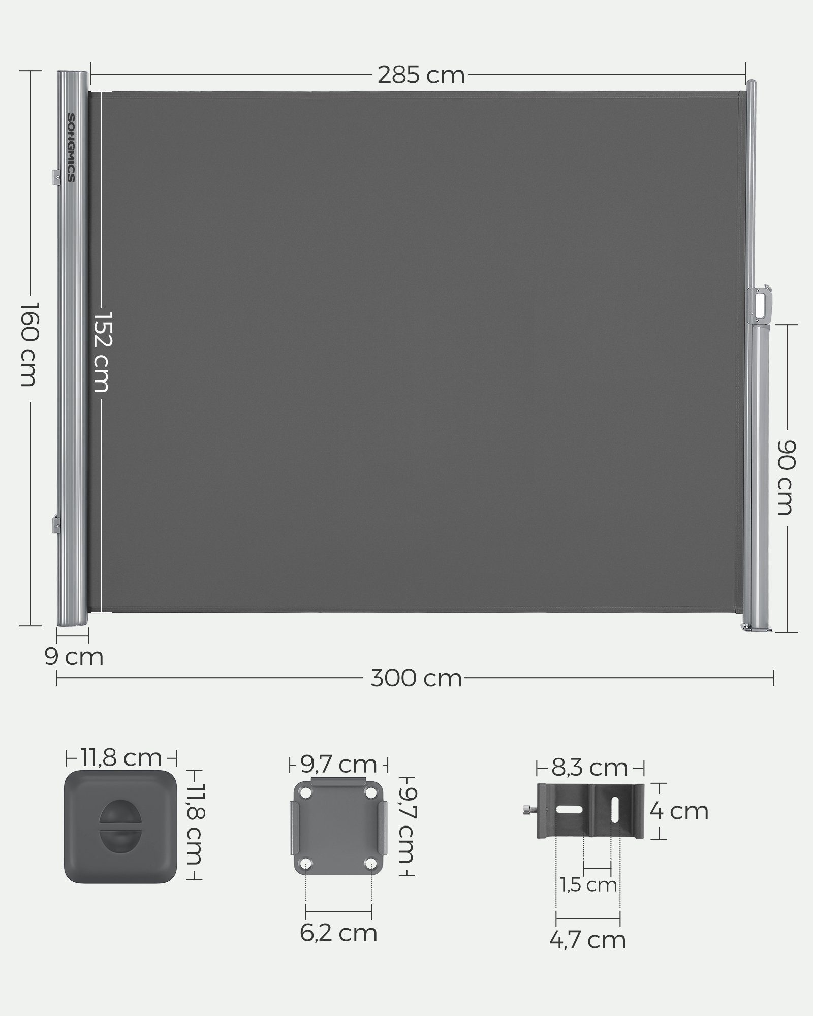 SONGMICS Seitenarmmarkise Alu Sichtschutz 280 g/m² Windschutz ausziehbar