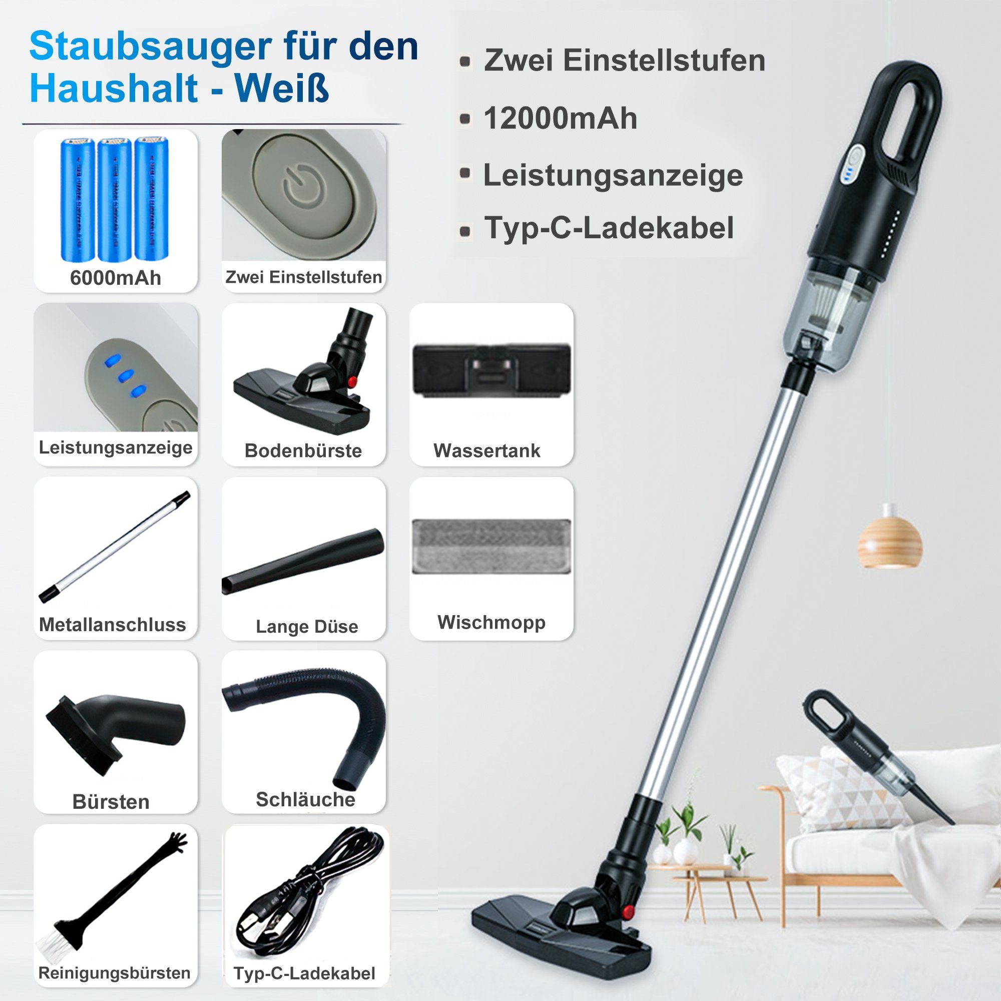 Tisoutec Akku-Handstaubsauger Handstaubsauger,Autostaubsauger 12000Pa & Mit 6000mA-Akku,Staubsauger, Multifunktionaler Staubsauger für Haus,Haustier und Auto,Leistungsstarker Handstaubsauger für Nass und Trocken