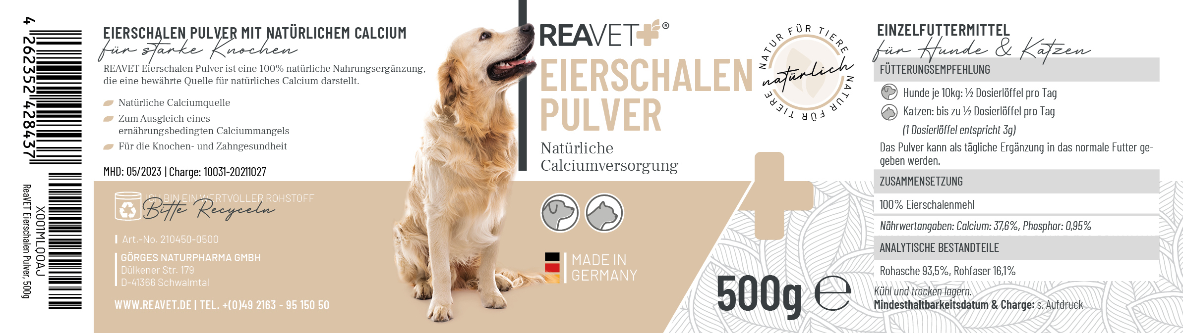 REAVET Ergänzungsfutter & Aufzucht REAVET Eierschalenpulver 500g