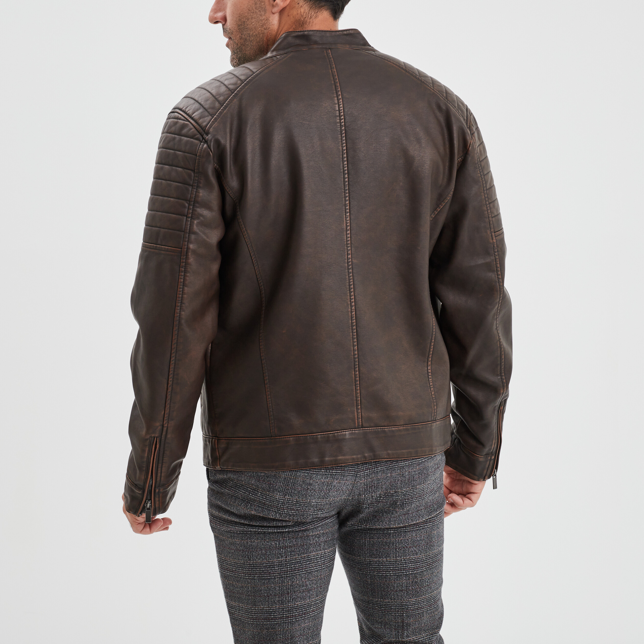 Blouson doublé droit biker à col montant marron homme | La Halle