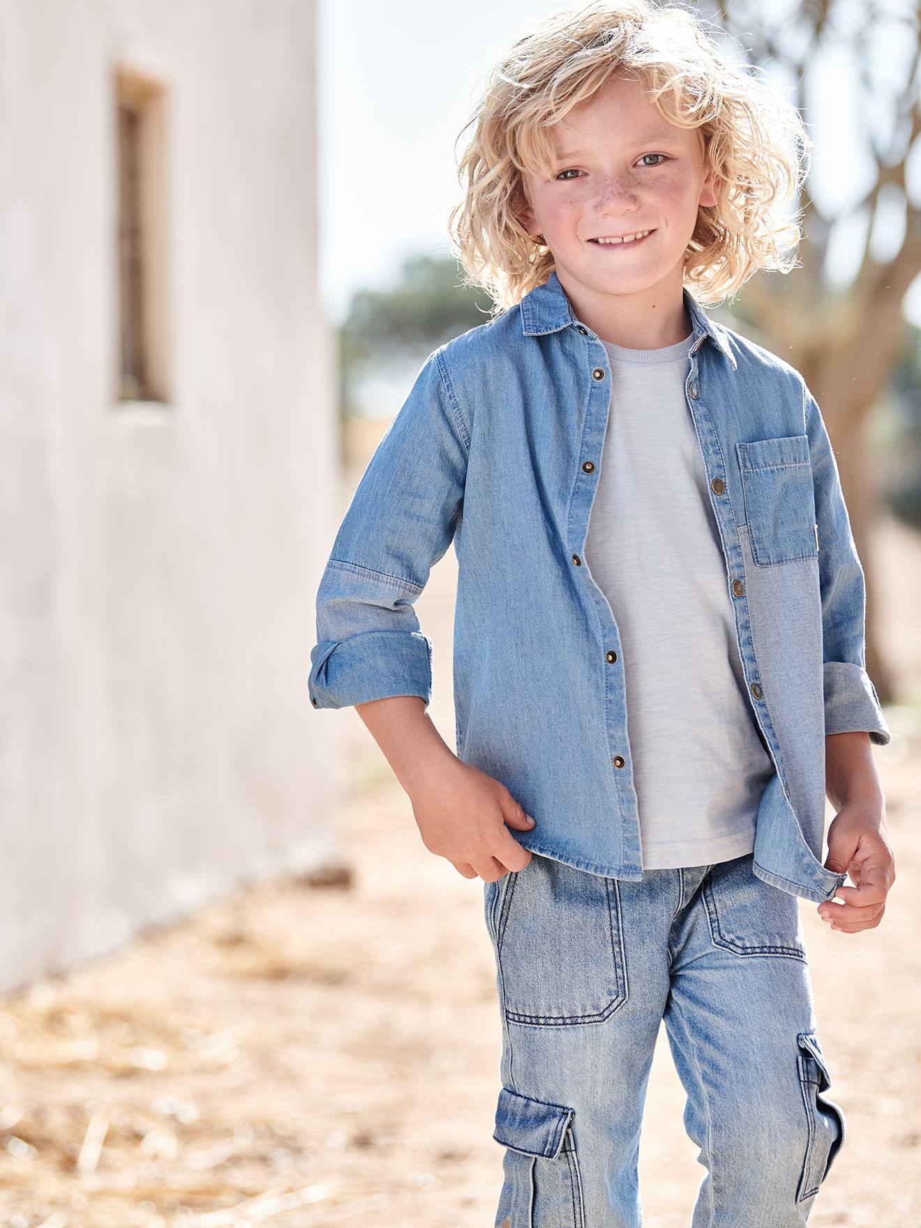 Chemise en jean garçon avec empiècements contrastés stone