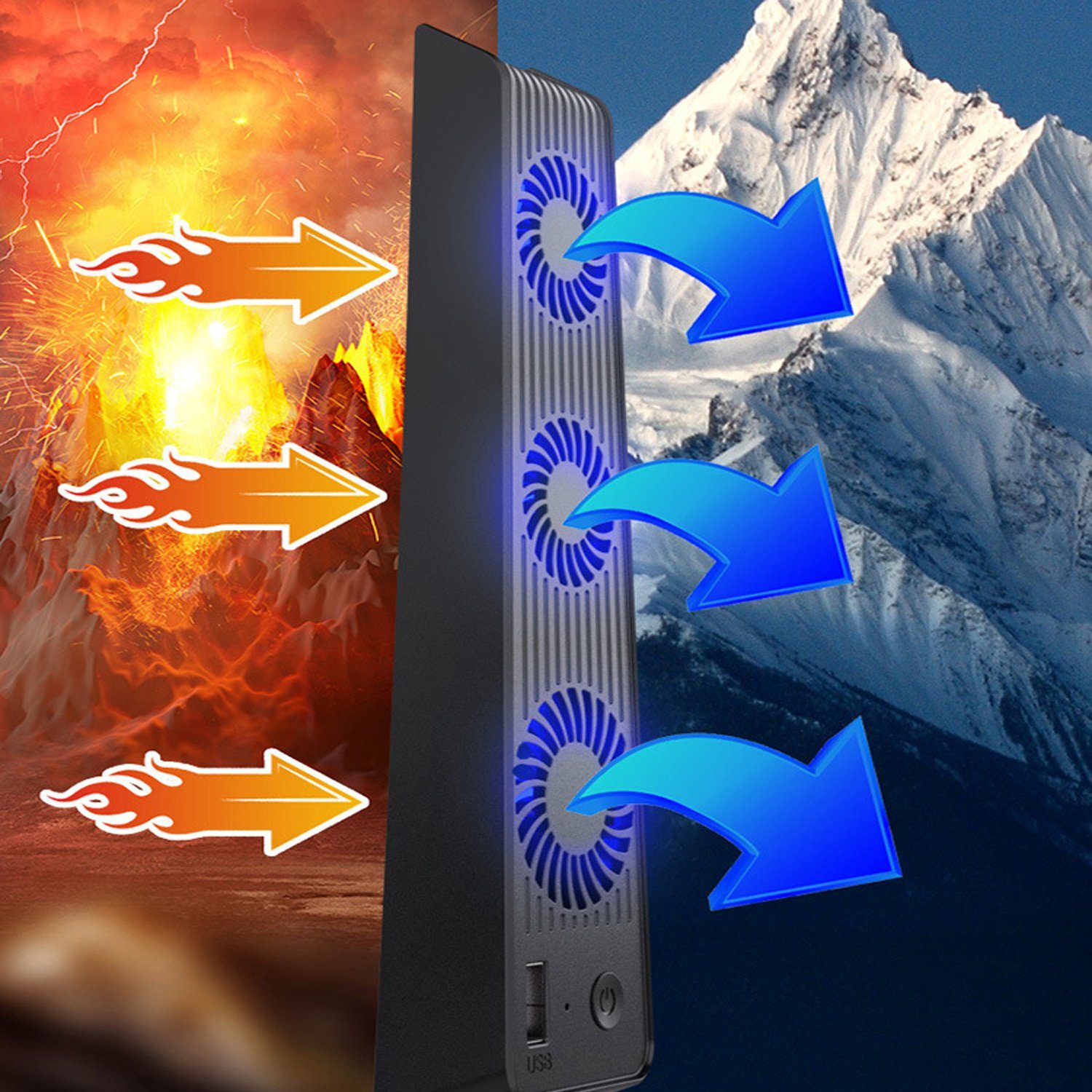 KINSI PS5 Mainframe-Kühlgebläse, PS5 Cooling Lüfter, mit externem PlayStation-Controller (USB-Anschluss und 3 Ventilatoren, Temperaturkontrolle für PS5, Schwarz)