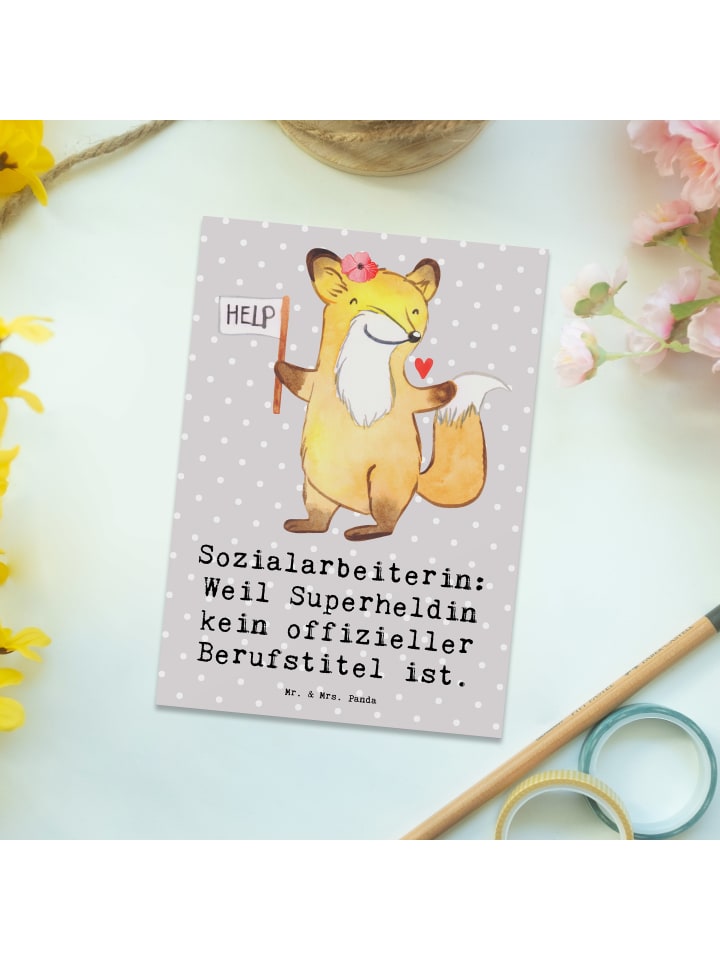 Mr. & Mrs. Panda Postkarte Sozialarbeiterin Heldin mit Spruch in Grau Pastell günstig kaufen onesize
