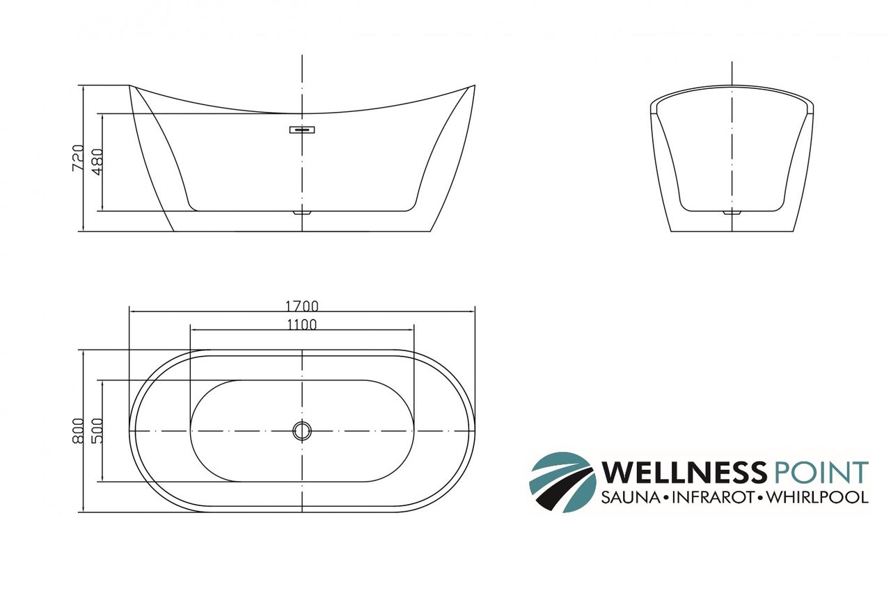 PureHaven freistehende Acryl-Badewanne 170x80 cm elegant inkl. Siphon Überlaufschutz leicht zu pflegende Oberfläche extra starker Rahmen Schwarz/Weiß
